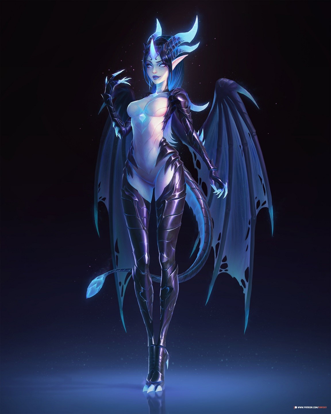 Blue Dragon Woman with Wings and Horns HD Phone Wallpaper