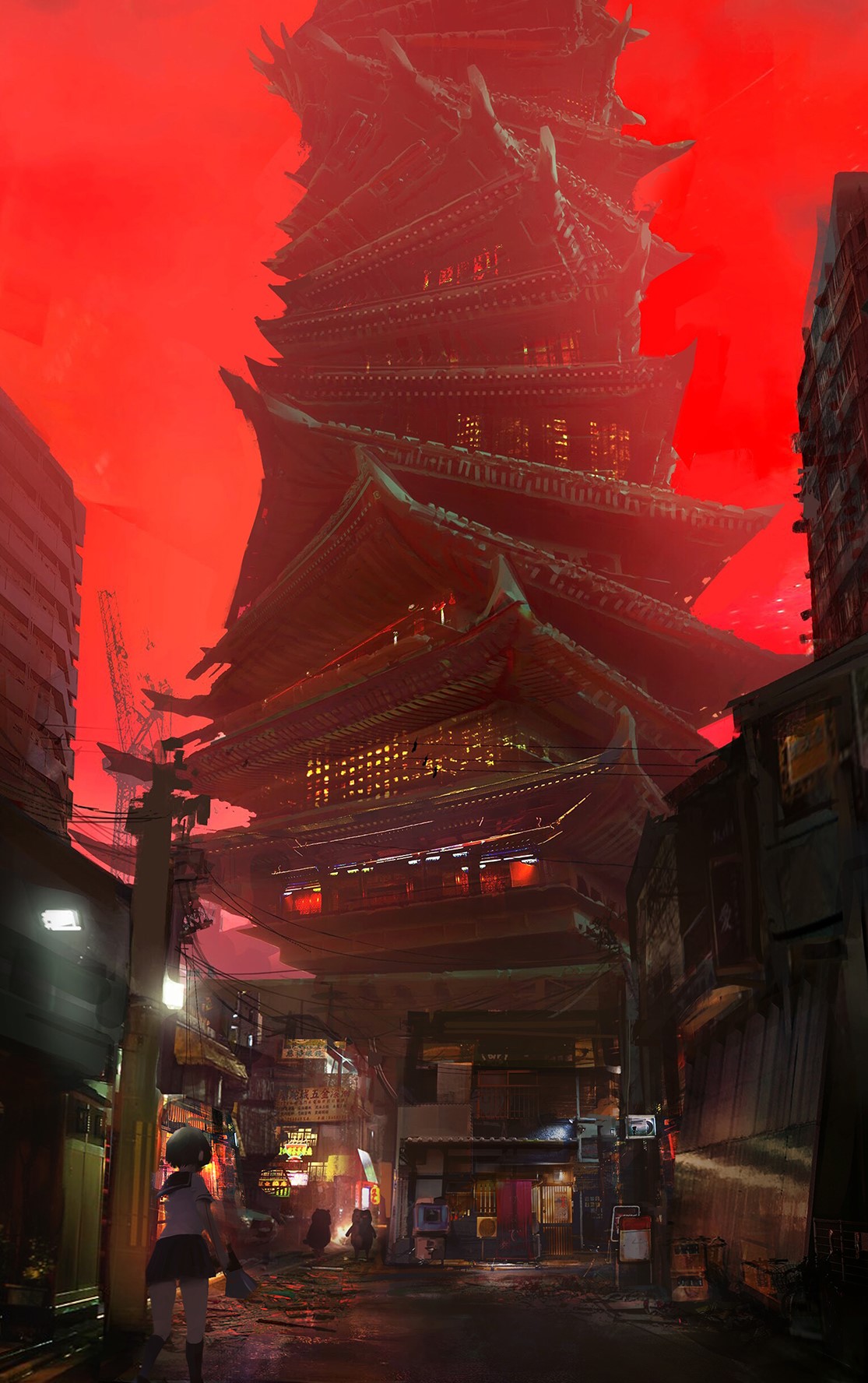 Anime girl in a futuristic city with a pagoda HD Phone Wallpaper