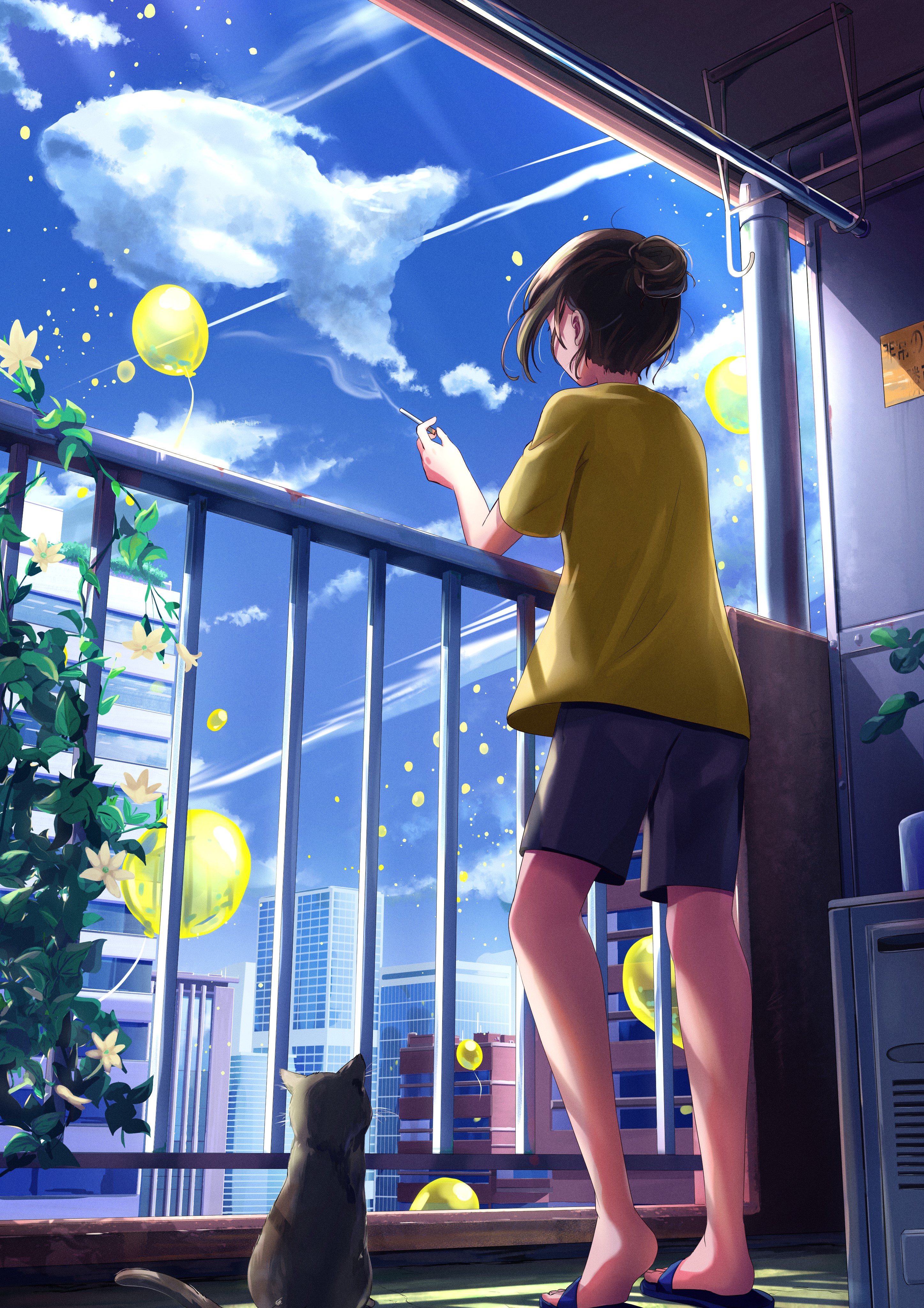 Anime girl on balcony with cat and balloons HD Phone Wallpaper