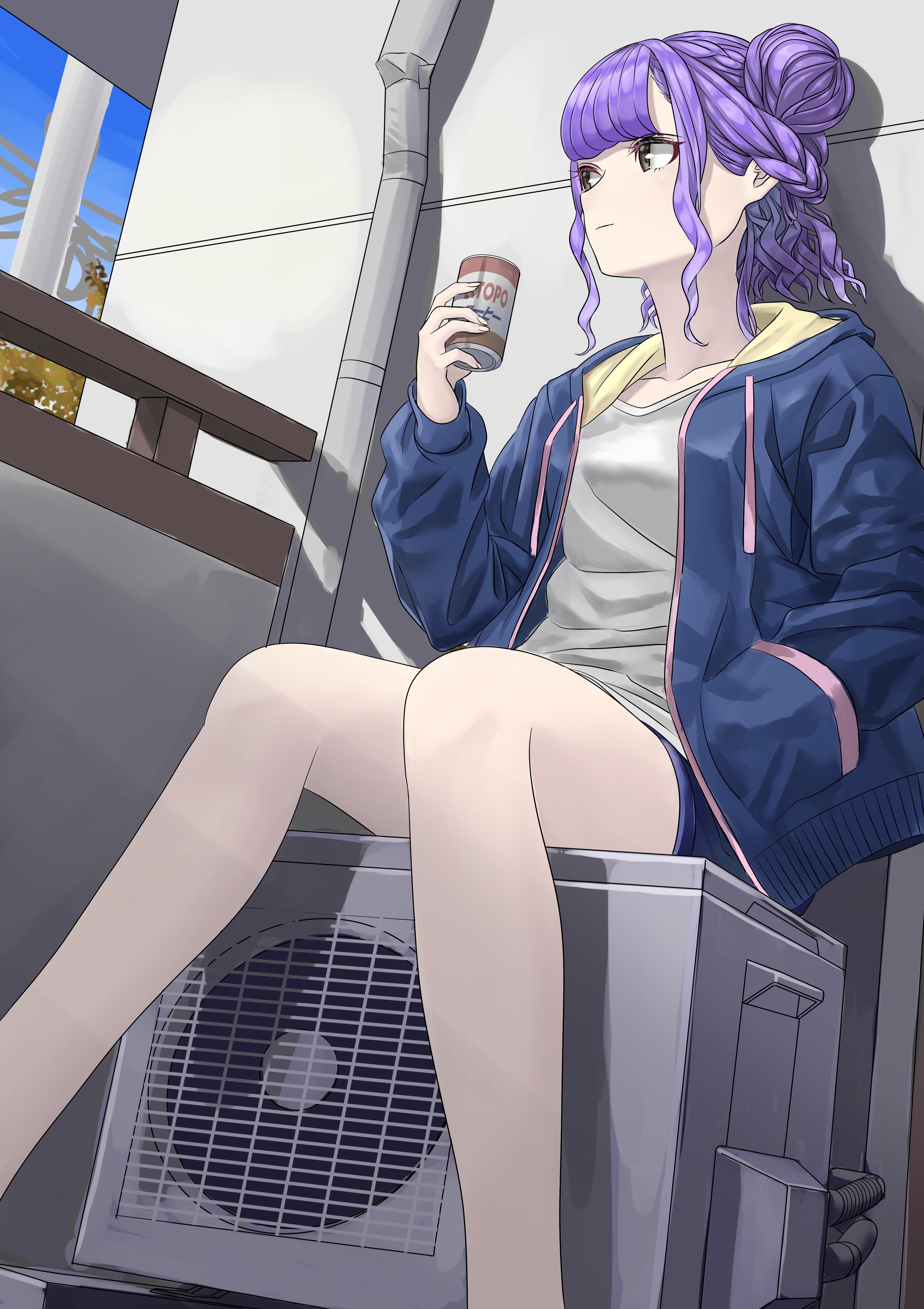 Anime girl with purple hair holding a drink HD Phone Wallpaper