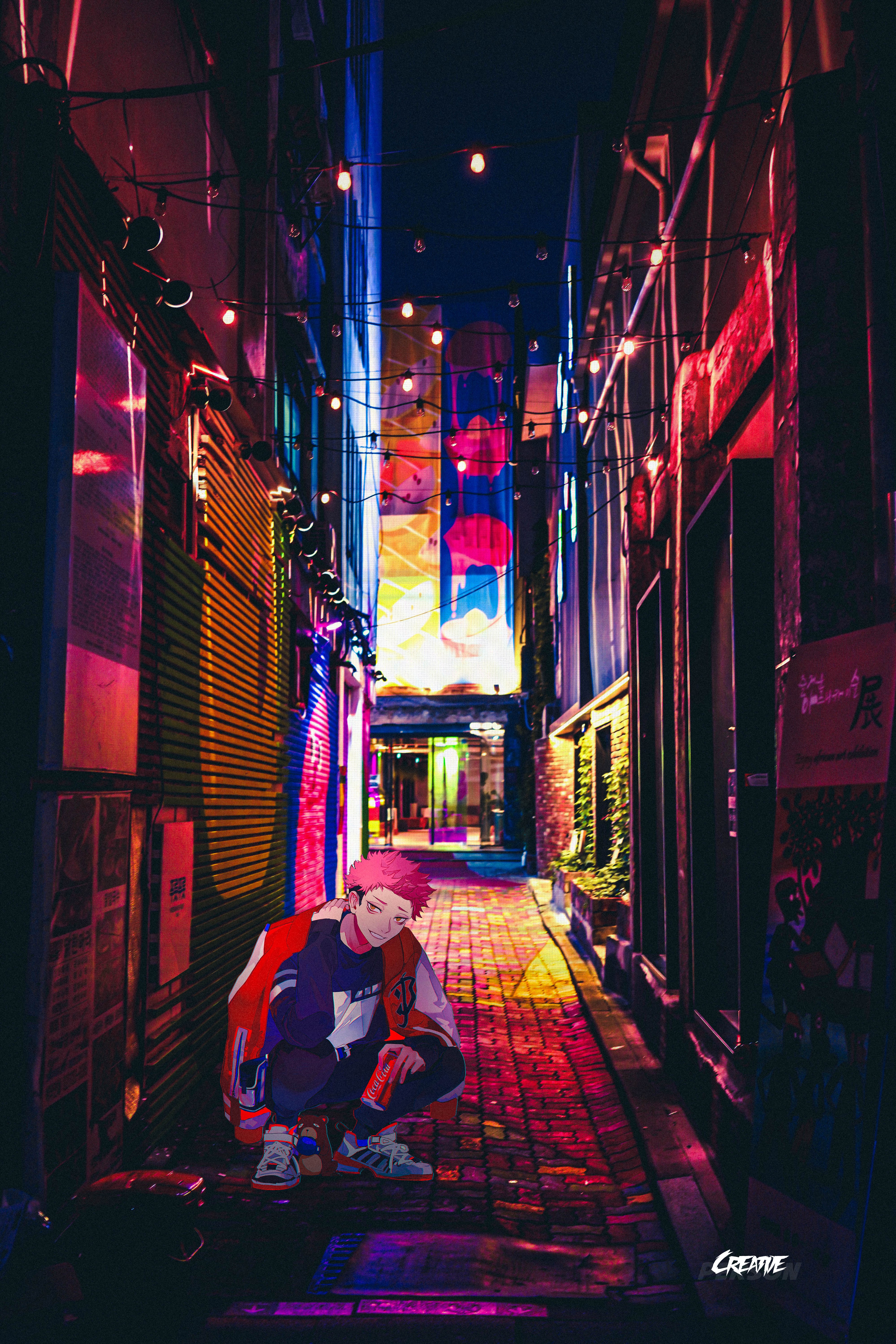 Anime boy in alleyway with string lights HD Phone Wallpaper