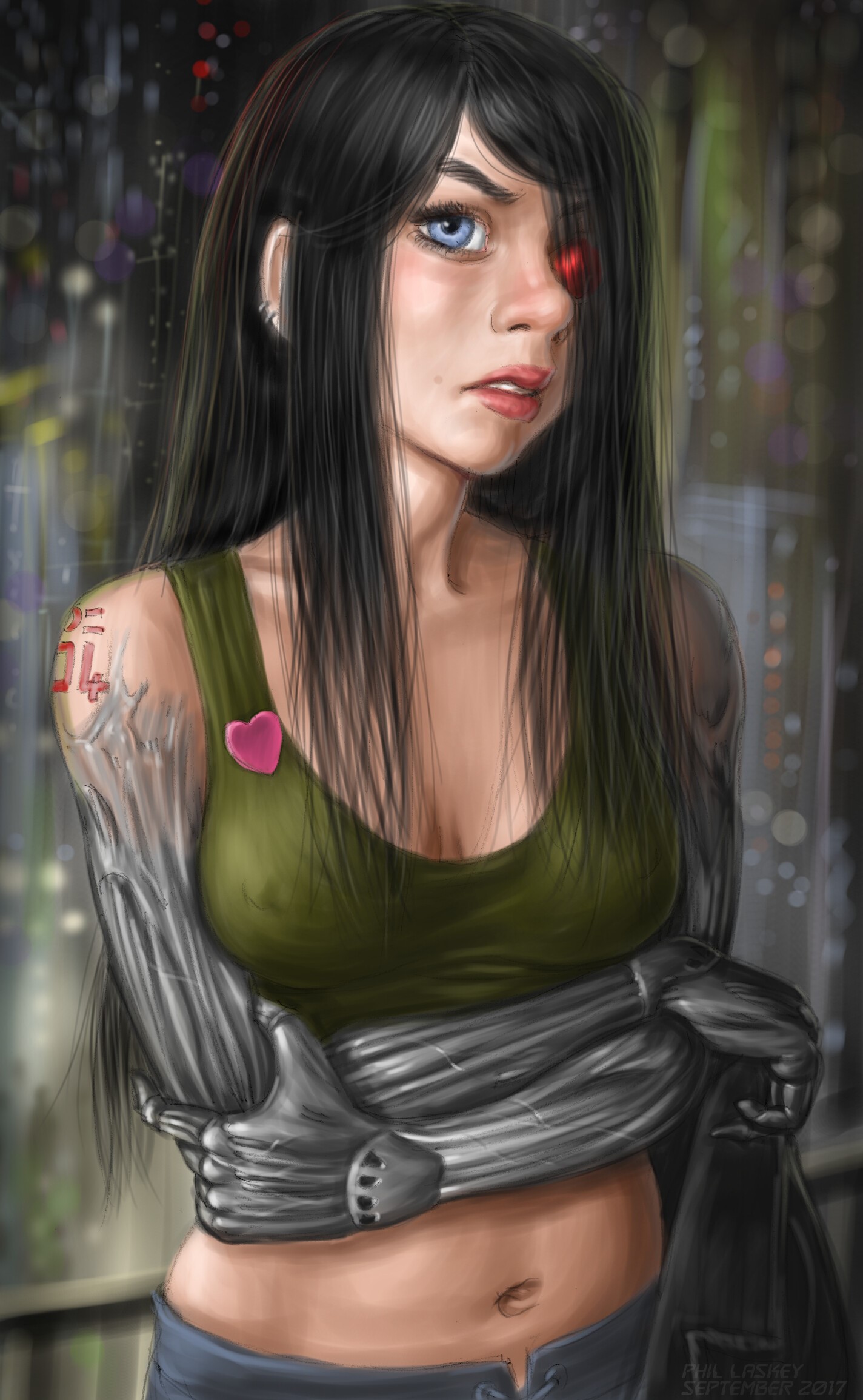 Cyborg woman with red eye and mechanical arms HD Phone Wallpaper