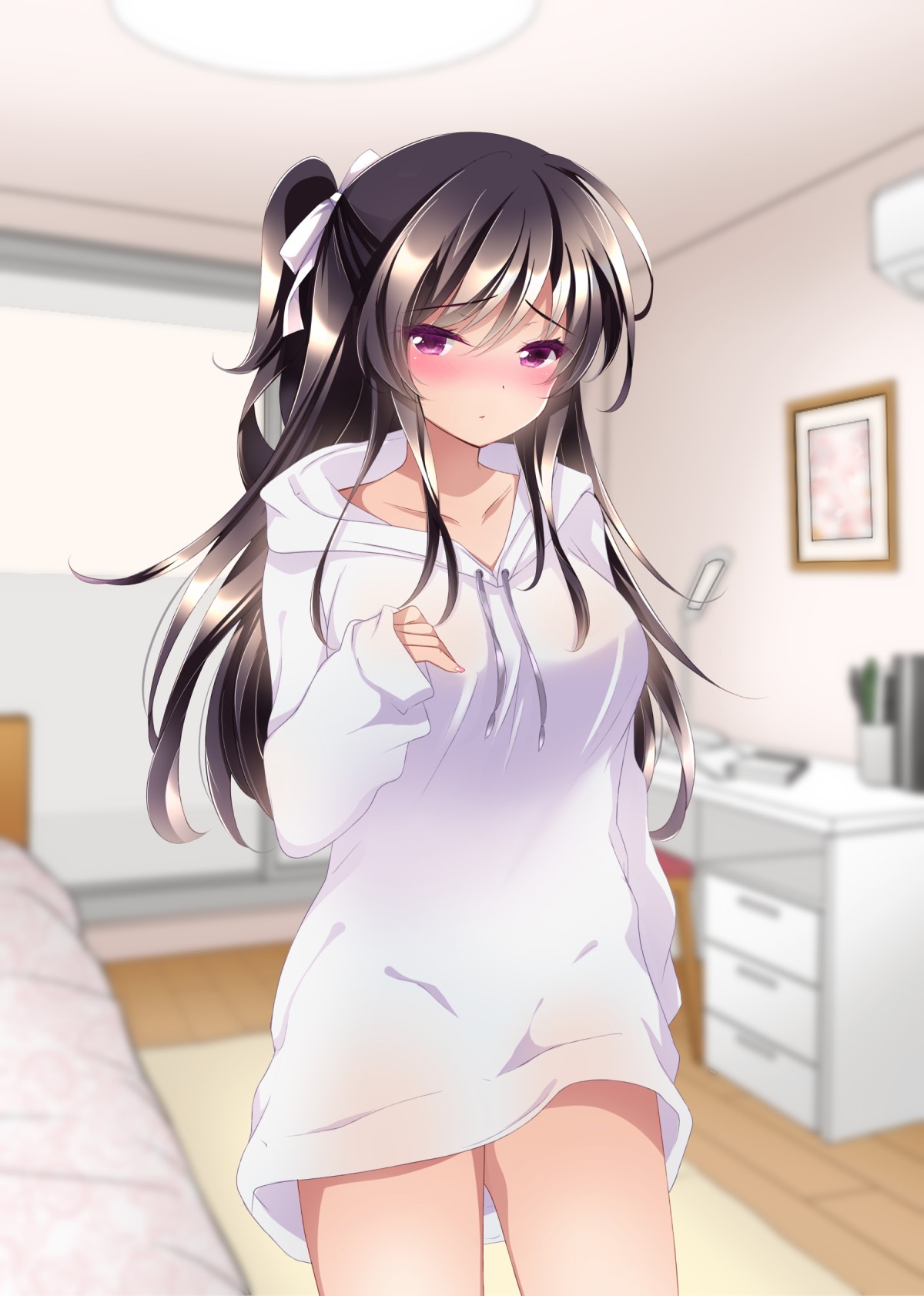 Anime girl with dark hair and purple eyes in a hoodie HD Phone Wallpaper