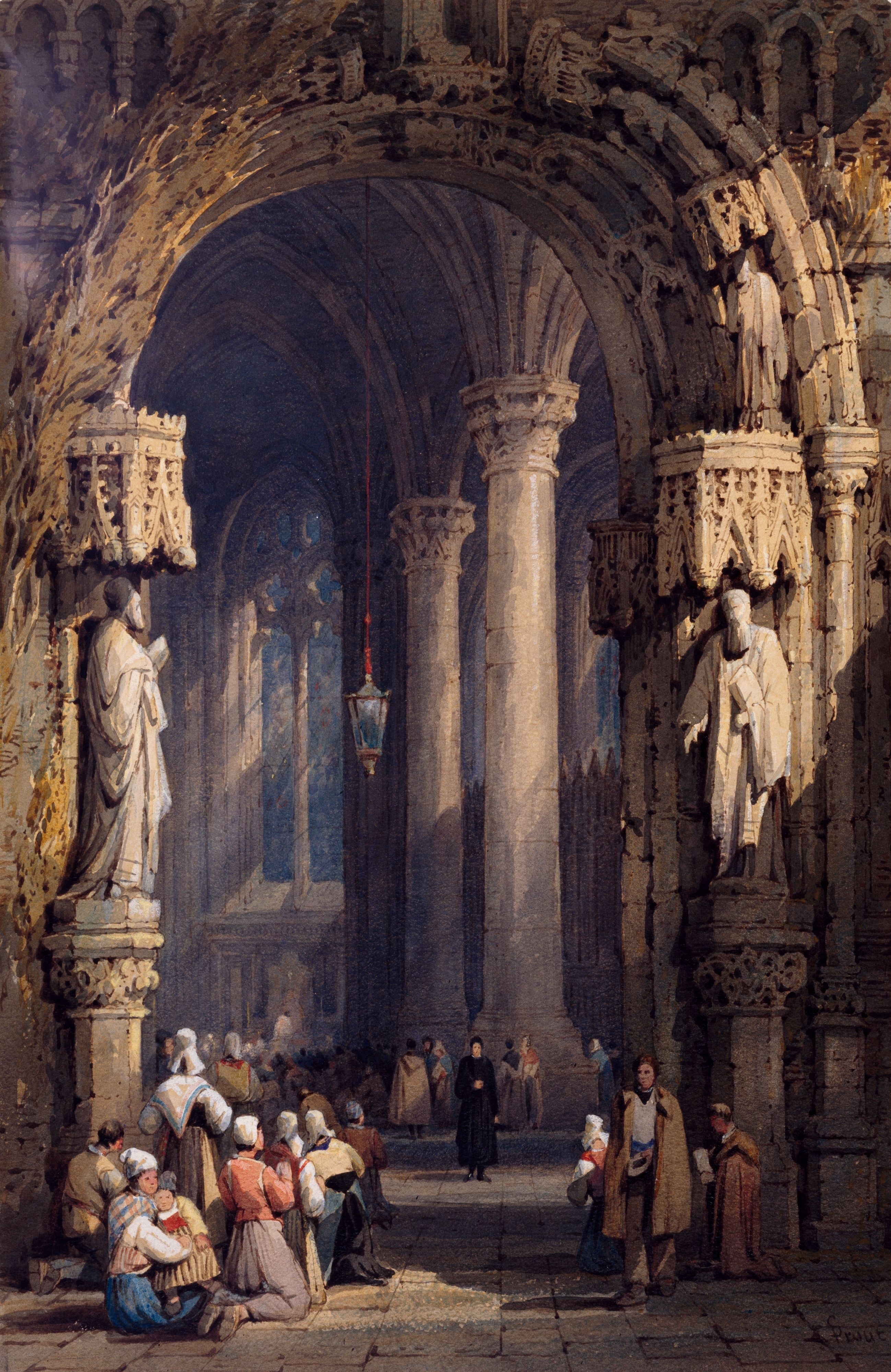 Interior of a Gothic Cathedral with Worshippers HD Phone Wallpaper
