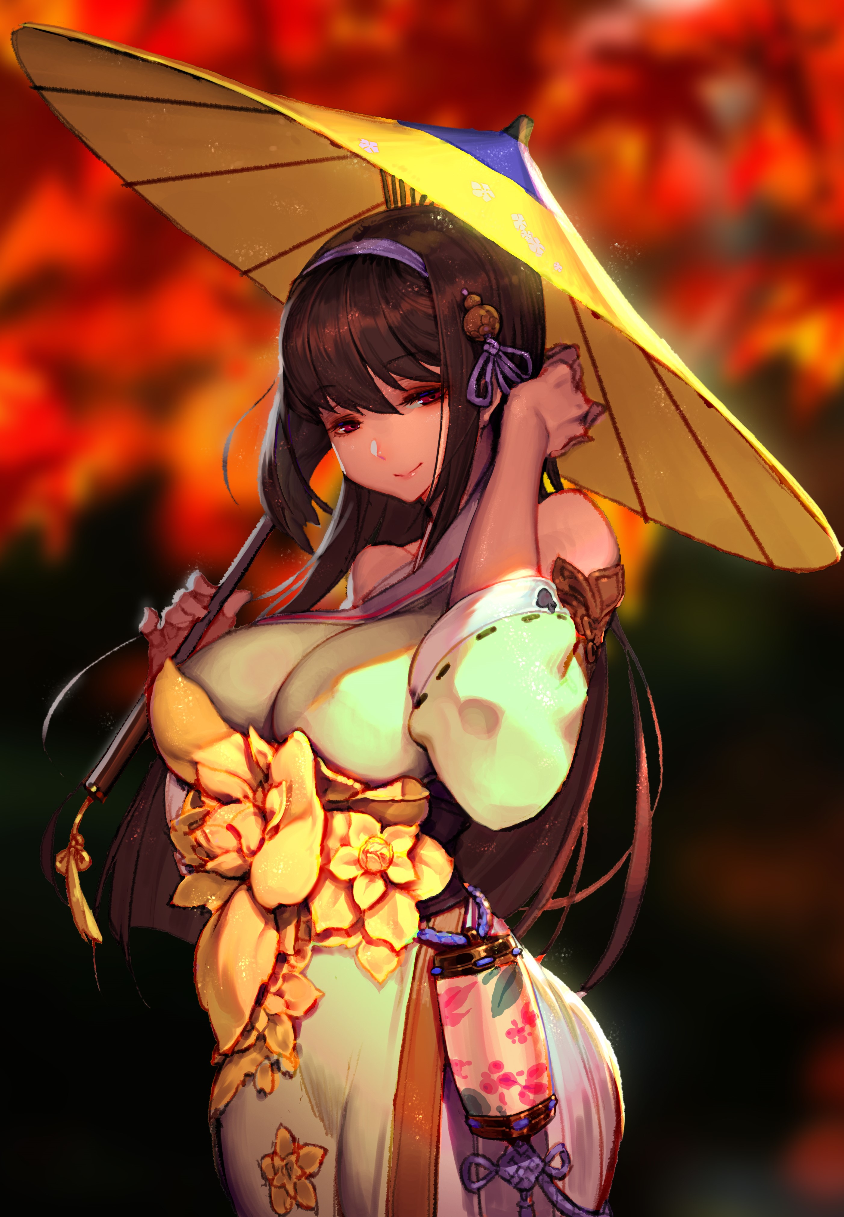 Anime girl with umbrella and kimono HD Phone Wallpaper