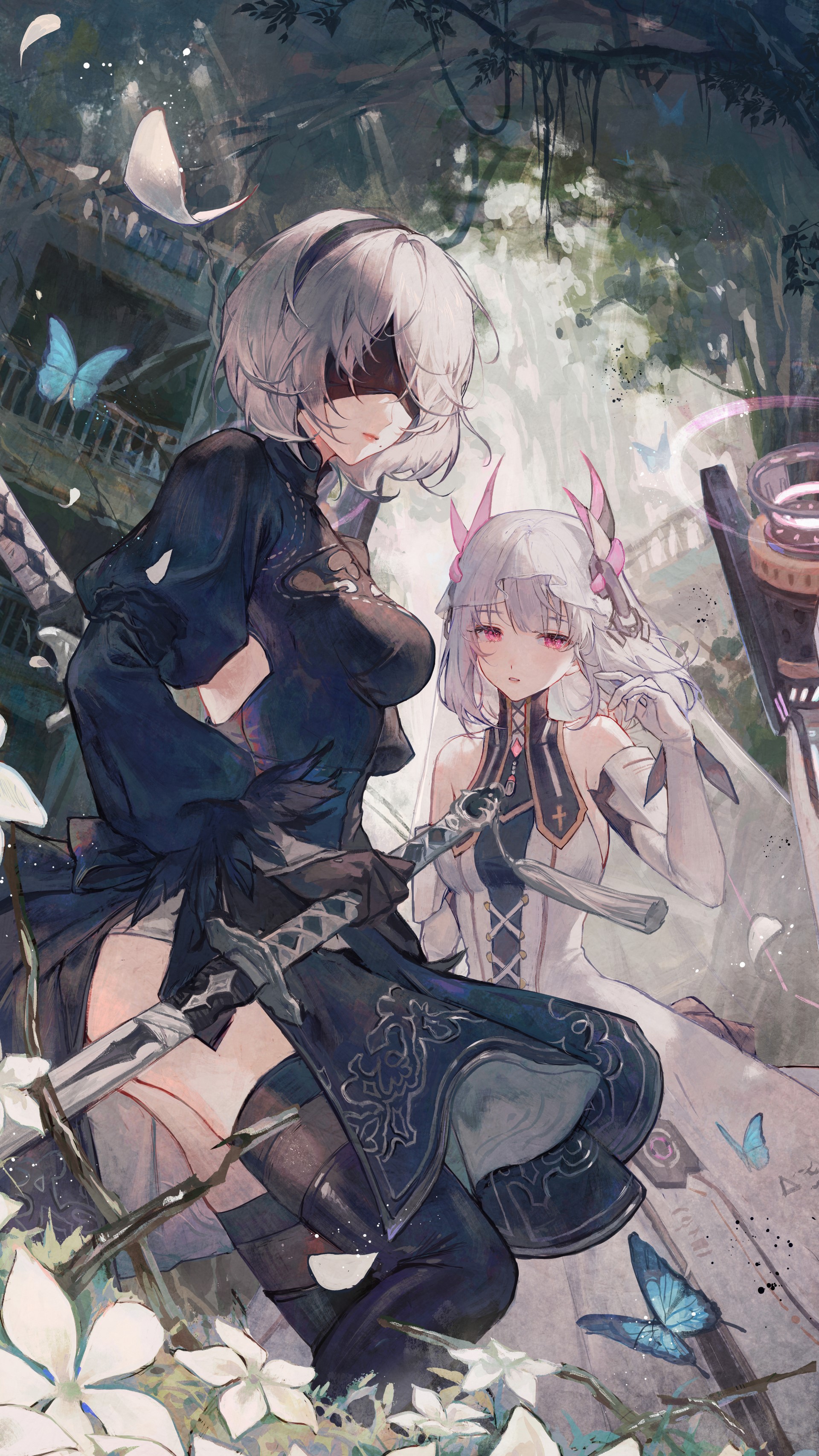 2B and another android from Nier: Automata in a forest HD Phone Wallpaper