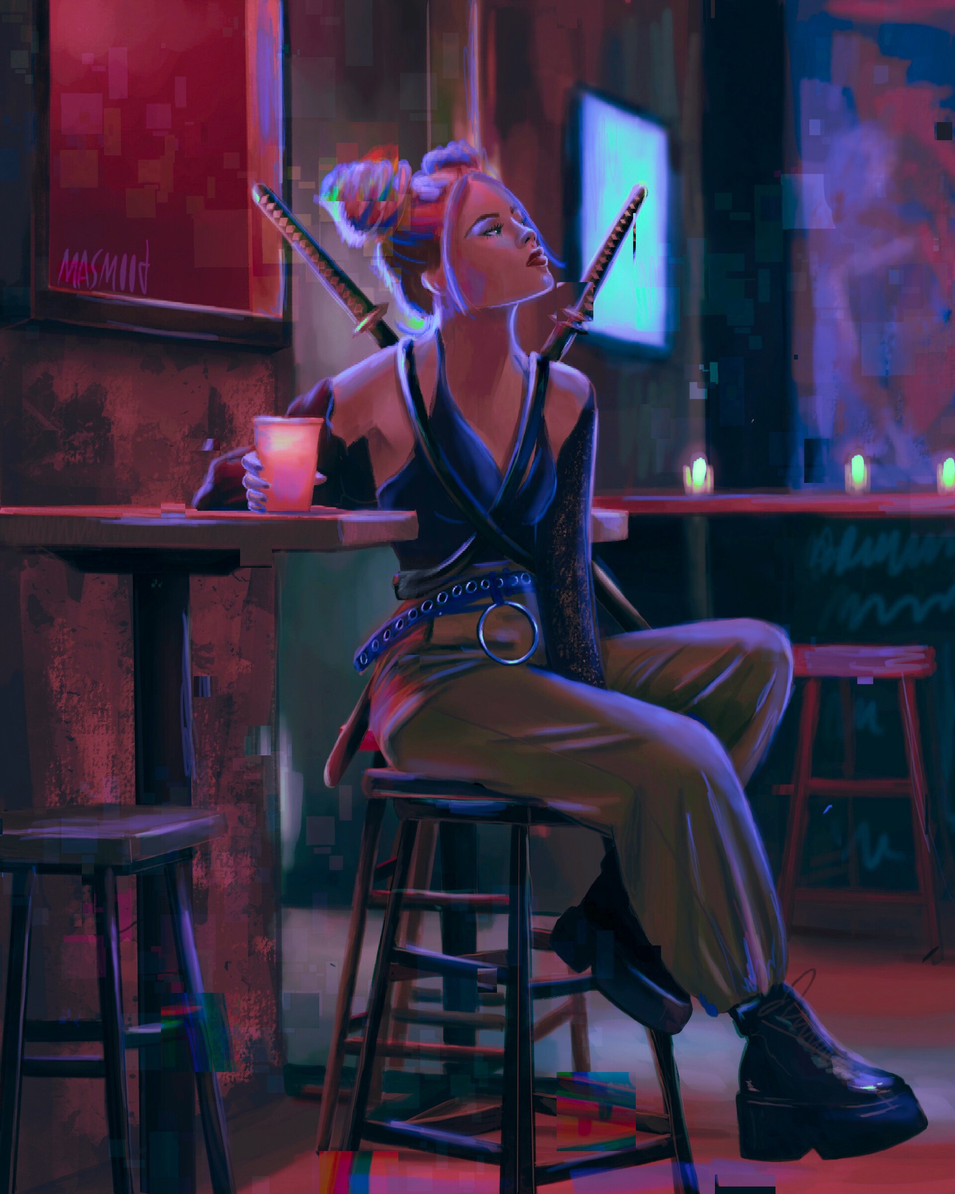 Woman with katanas sitting in a bar HD Phone Wallpaper