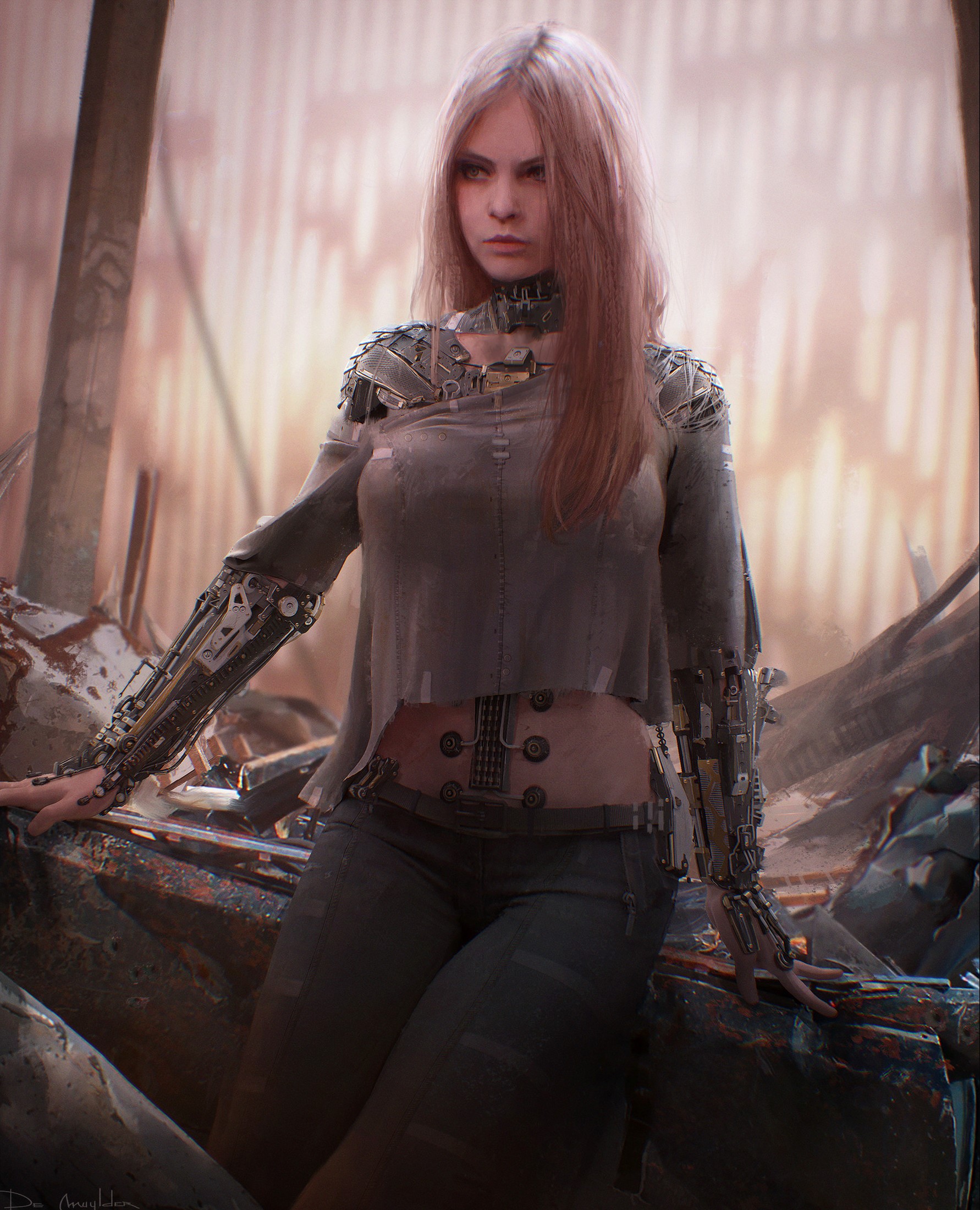 Cyborg woman with mechanical arms in ruins HD Phone Wallpaper