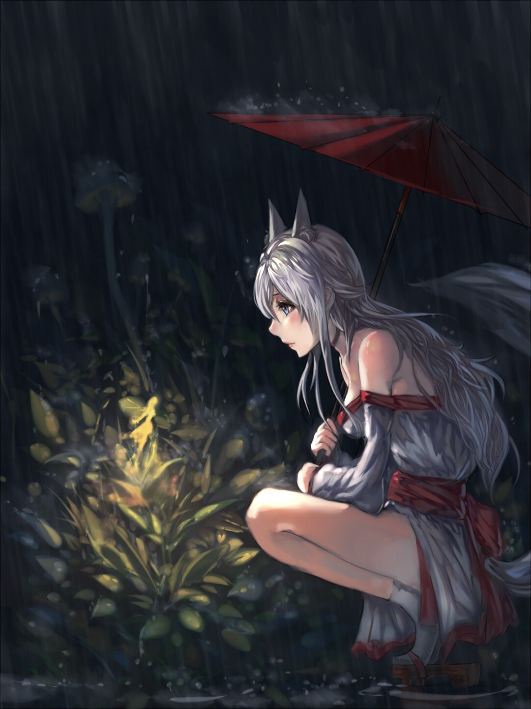 Anime fox girl with umbrella in the rain HD Phone Wallpaper