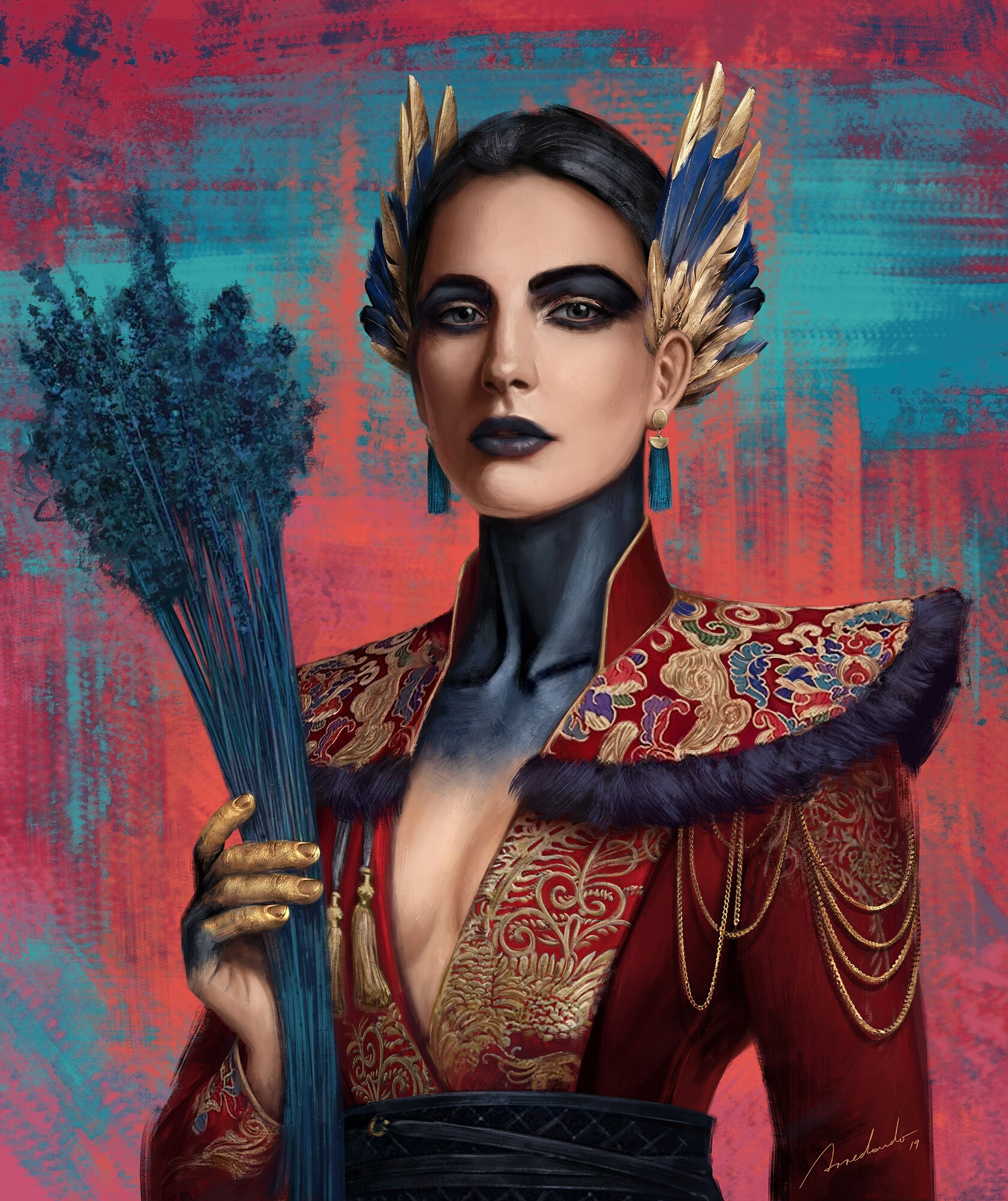 Portrait of a woman with elaborate headdress and red garment HD Phone Wallpaper