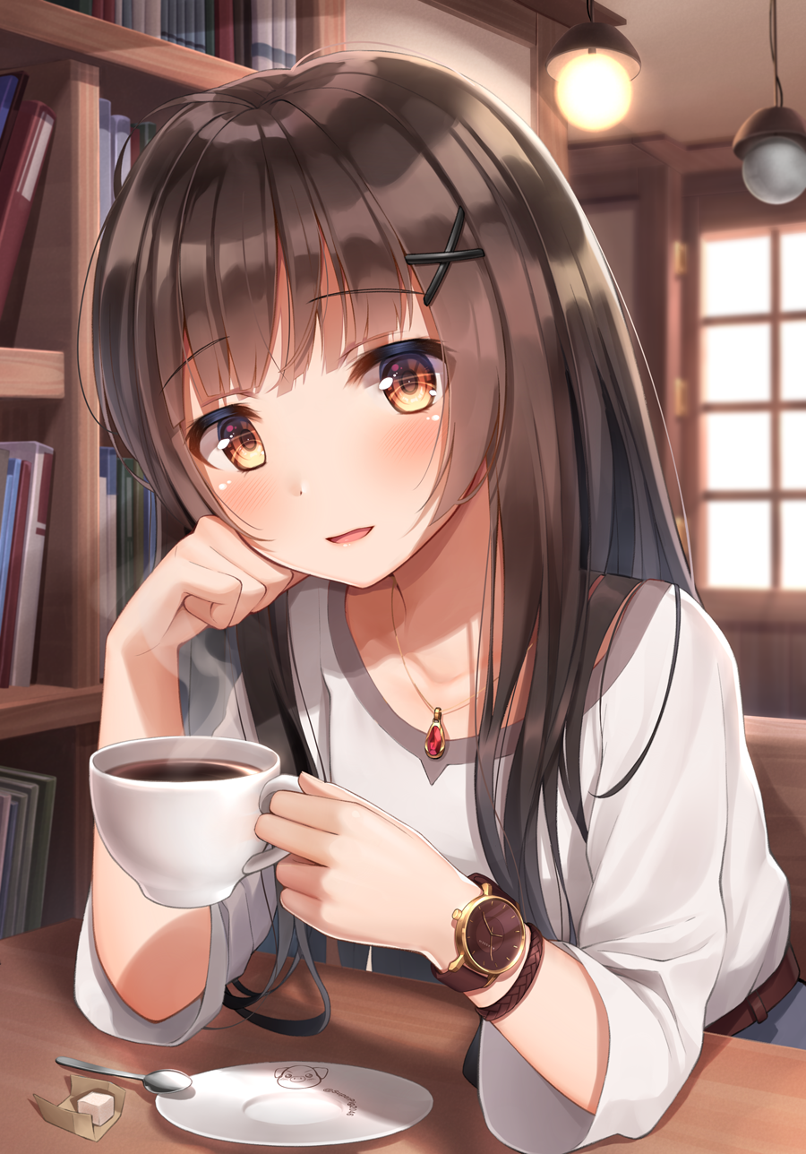 Anime girl with brown hair and eyes drinking coffee HD Phone Wallpaper