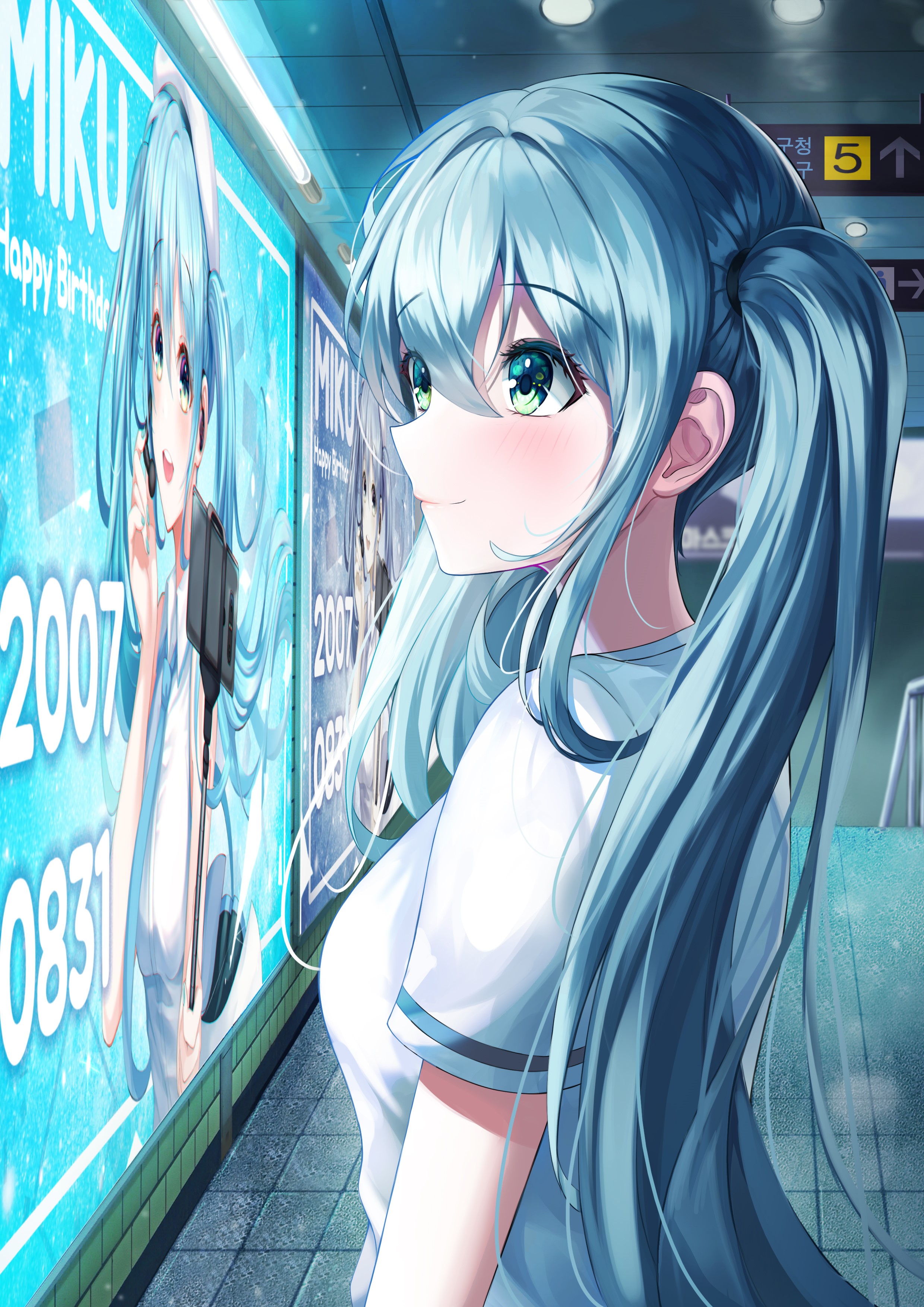 Hatsune Miku from Vocaloid looking at a poster HD Phone Wallpaper