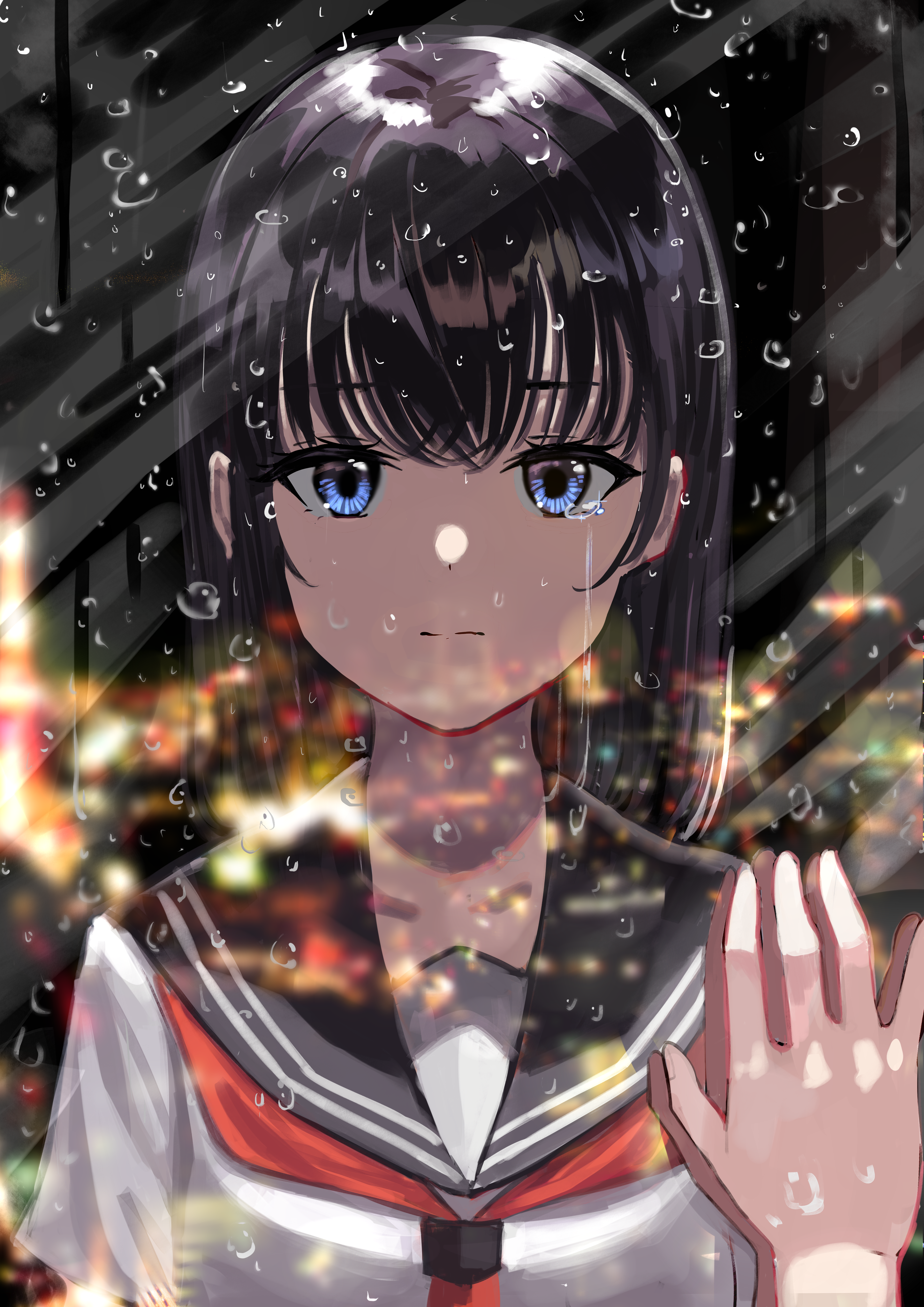 Anime girl in school uniform looking through a rainy window HD Phone Wallpaper