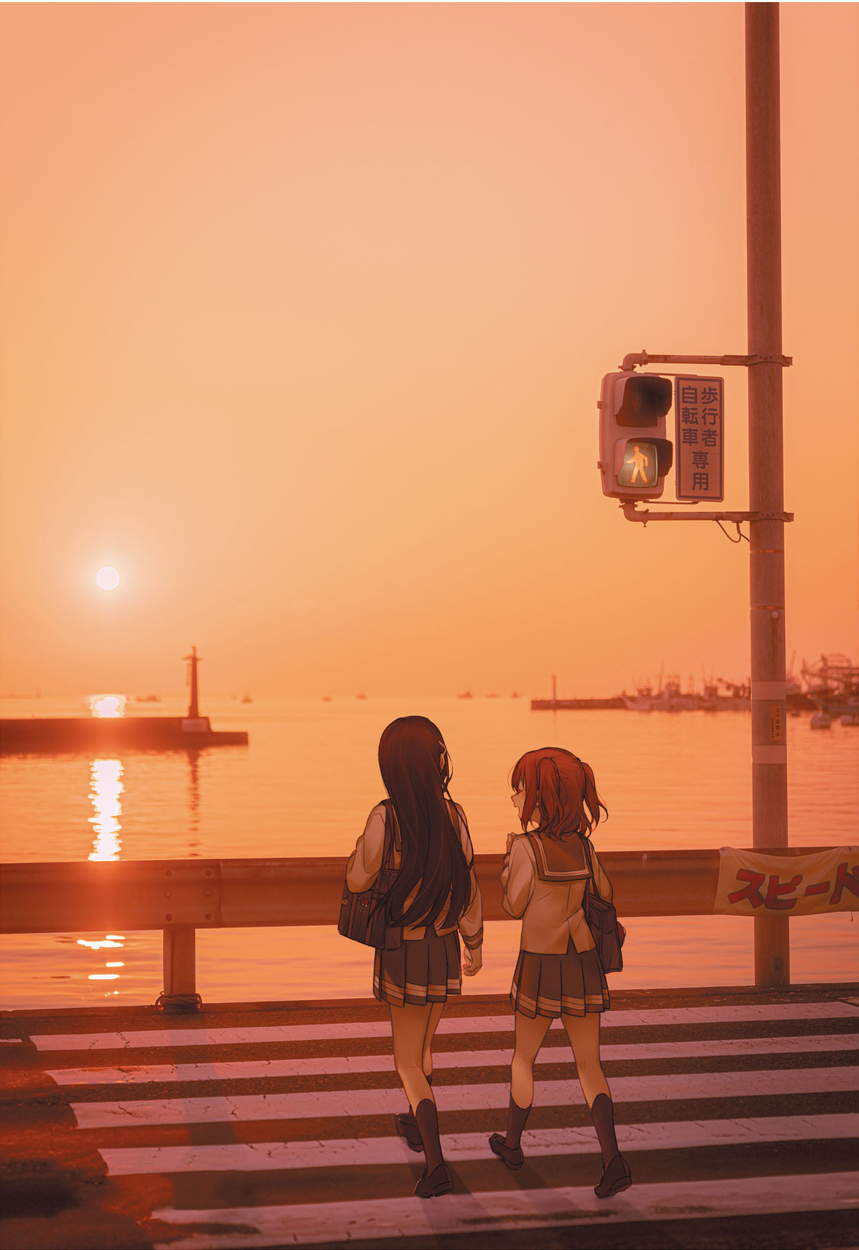 Two girls from Love Live! Sunshine crossing street at sunset HD Phone Wallpaper