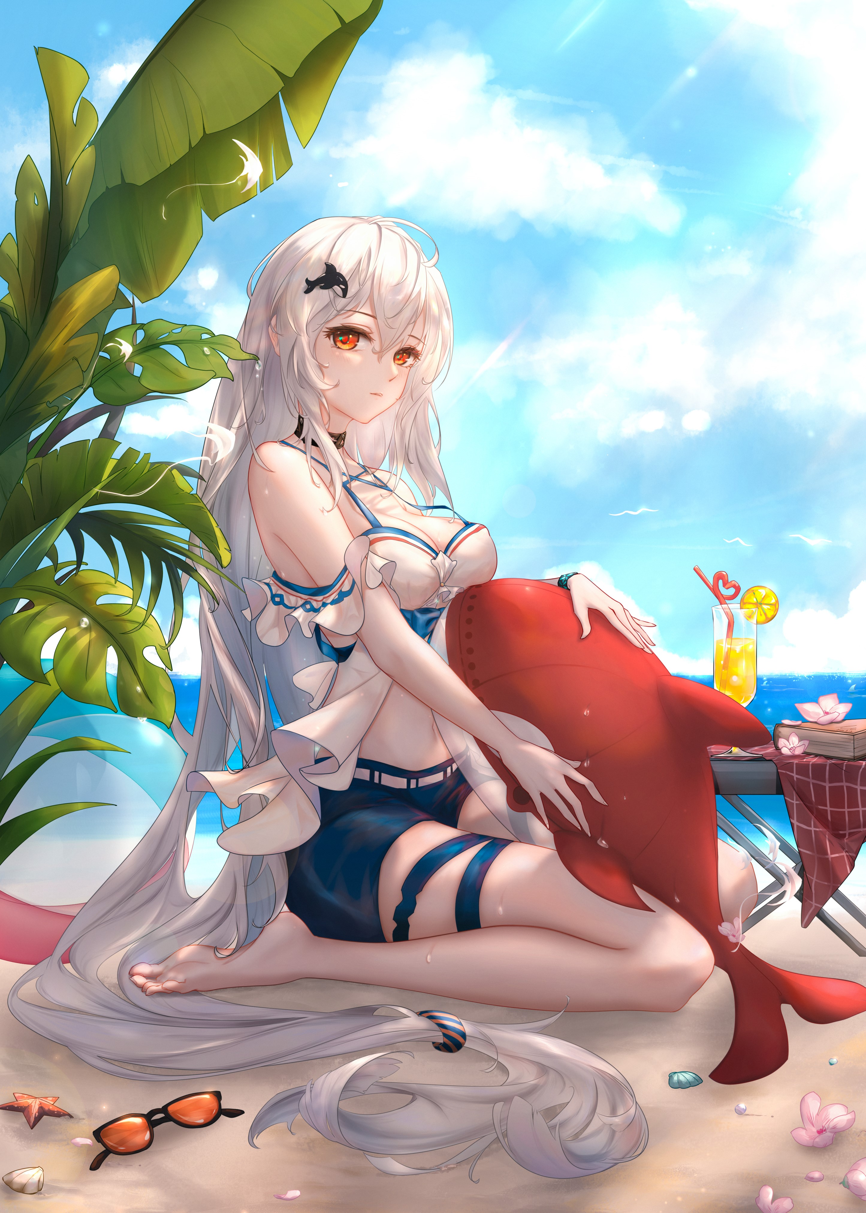 Skadi from Arknights on the beach with a shark plush HD Phone Wallpaper