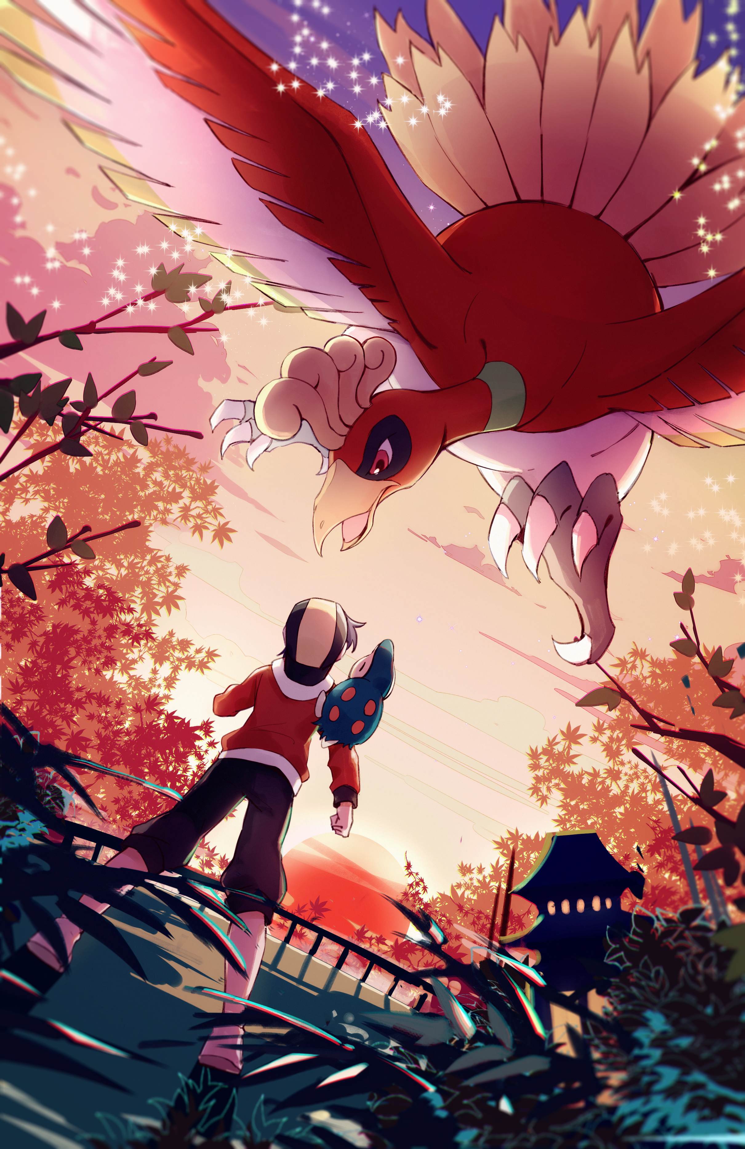 Ho-Oh and a trainer in a Japanese garden at sunset HD Phone Wallpaper