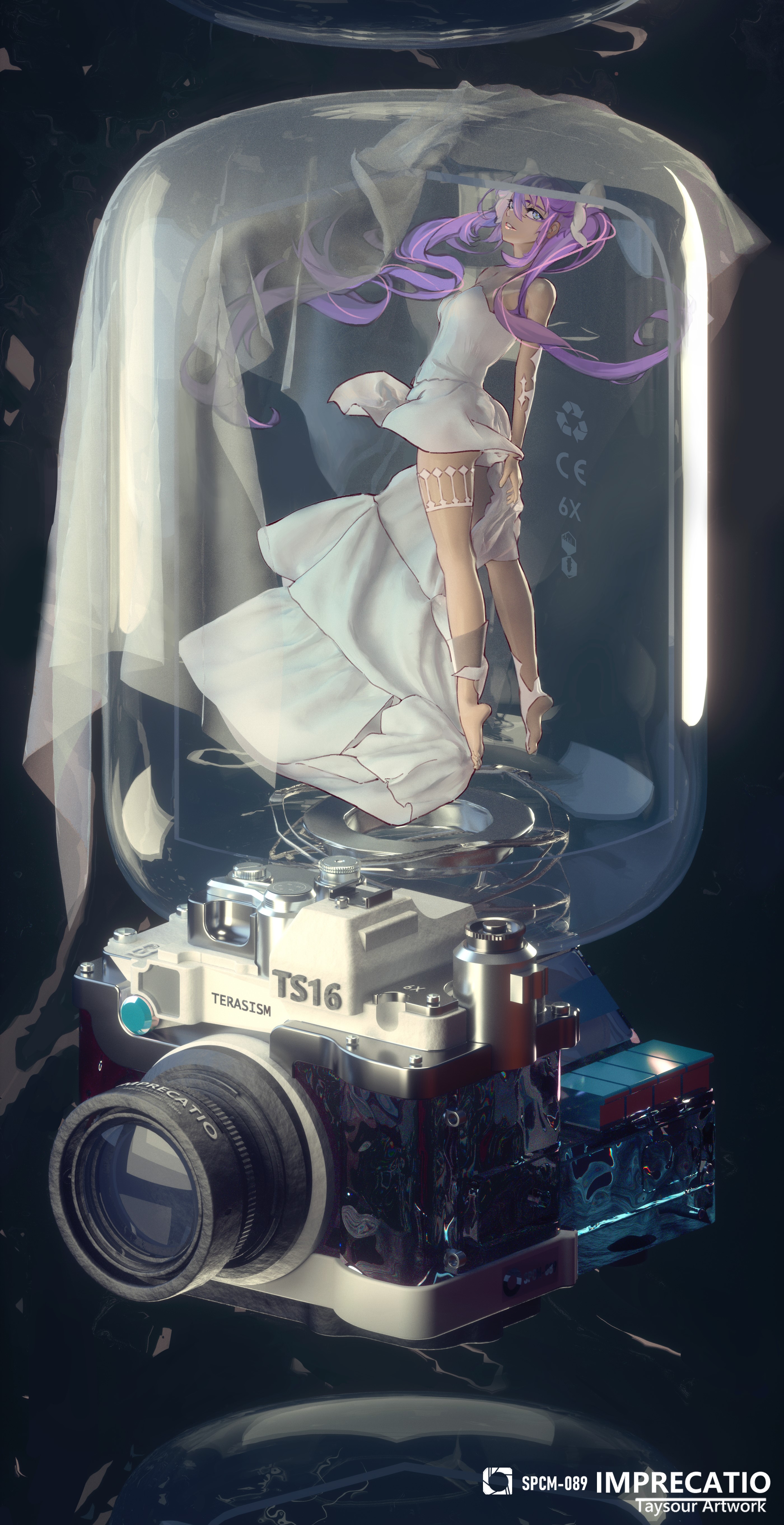 Anime girl in wedding dress inside a glass dome on a camera HD Phone Wallpaper