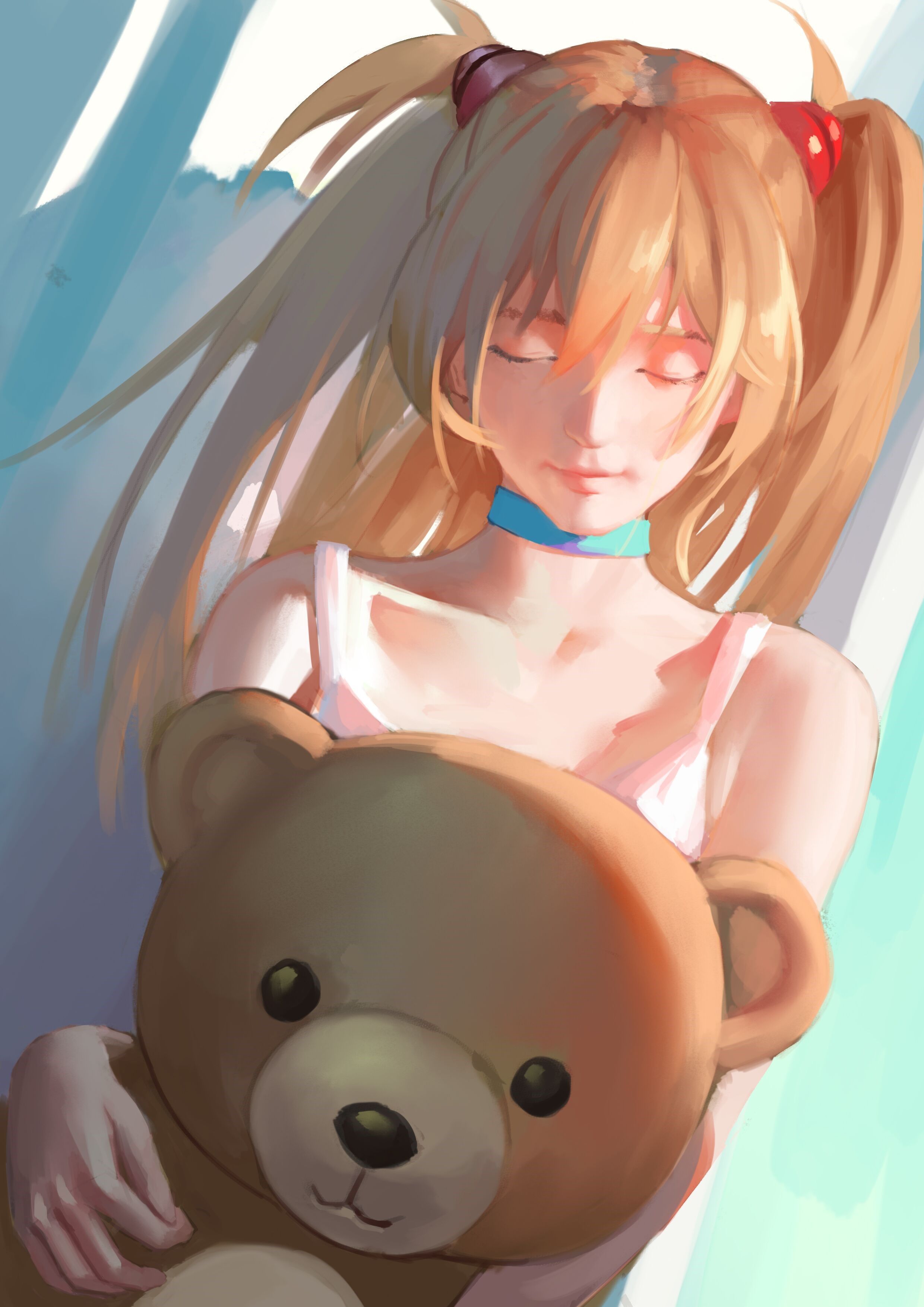 Asuka Langley Soryu from Neon Genesis Evangelion with a teddy bear HD Phone Wallpaper