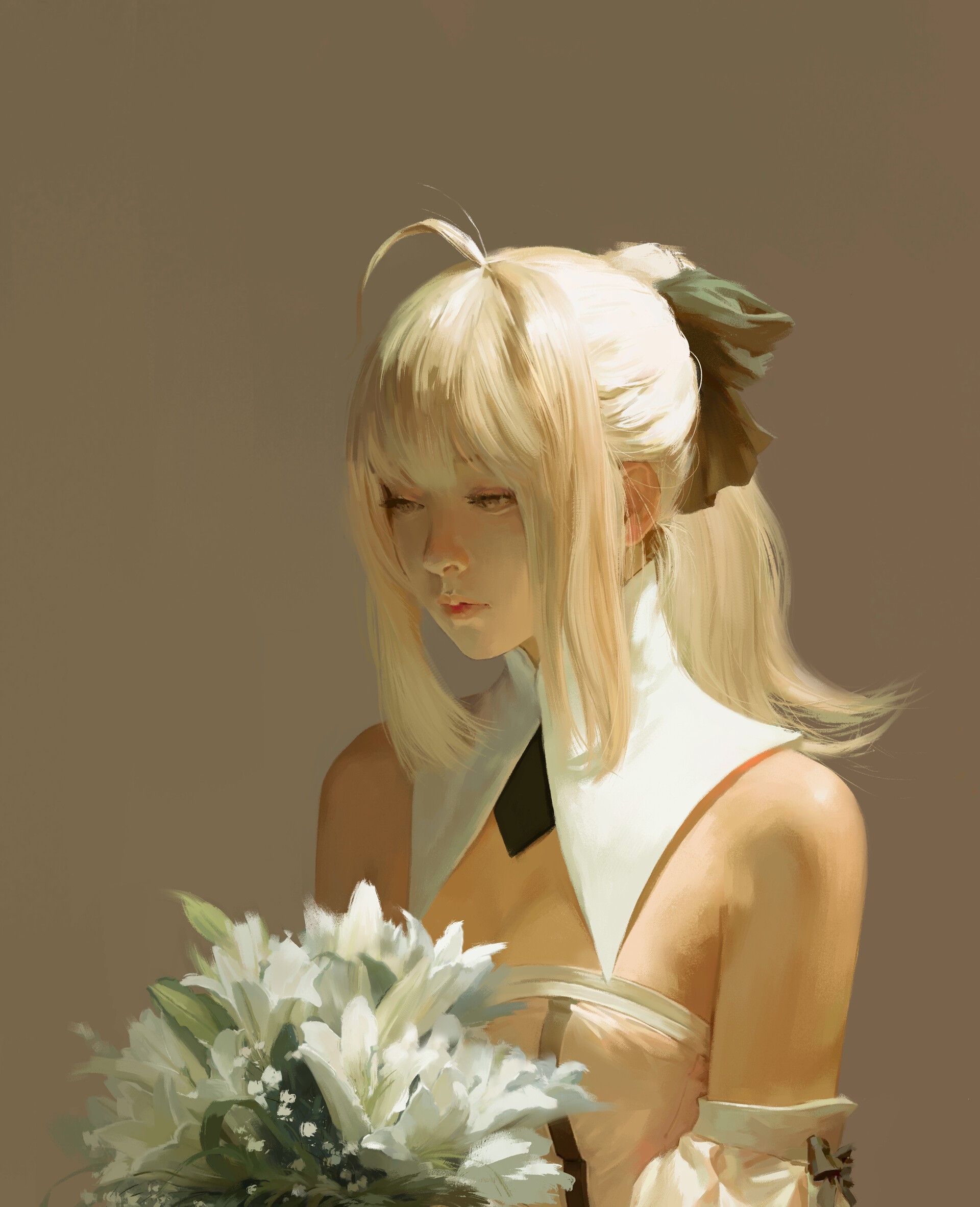 Saber Lily from Fate/Grand Order holding flowers HD Phone Wallpaper