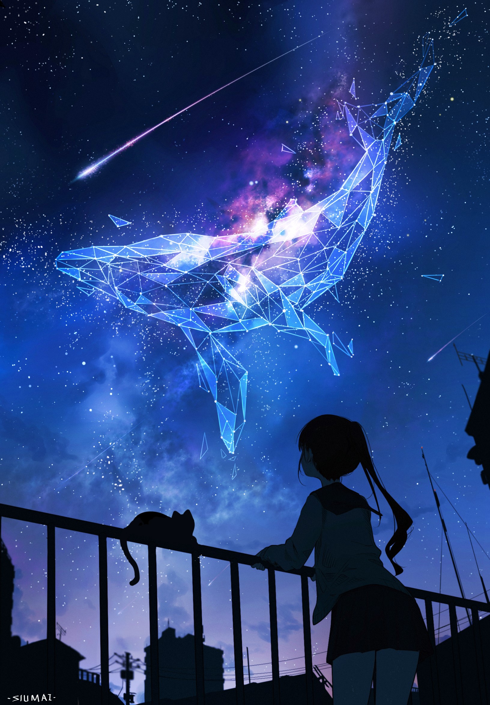 Anime girl and cat watch a cosmic whale in the night sky HD Phone Wallpaper