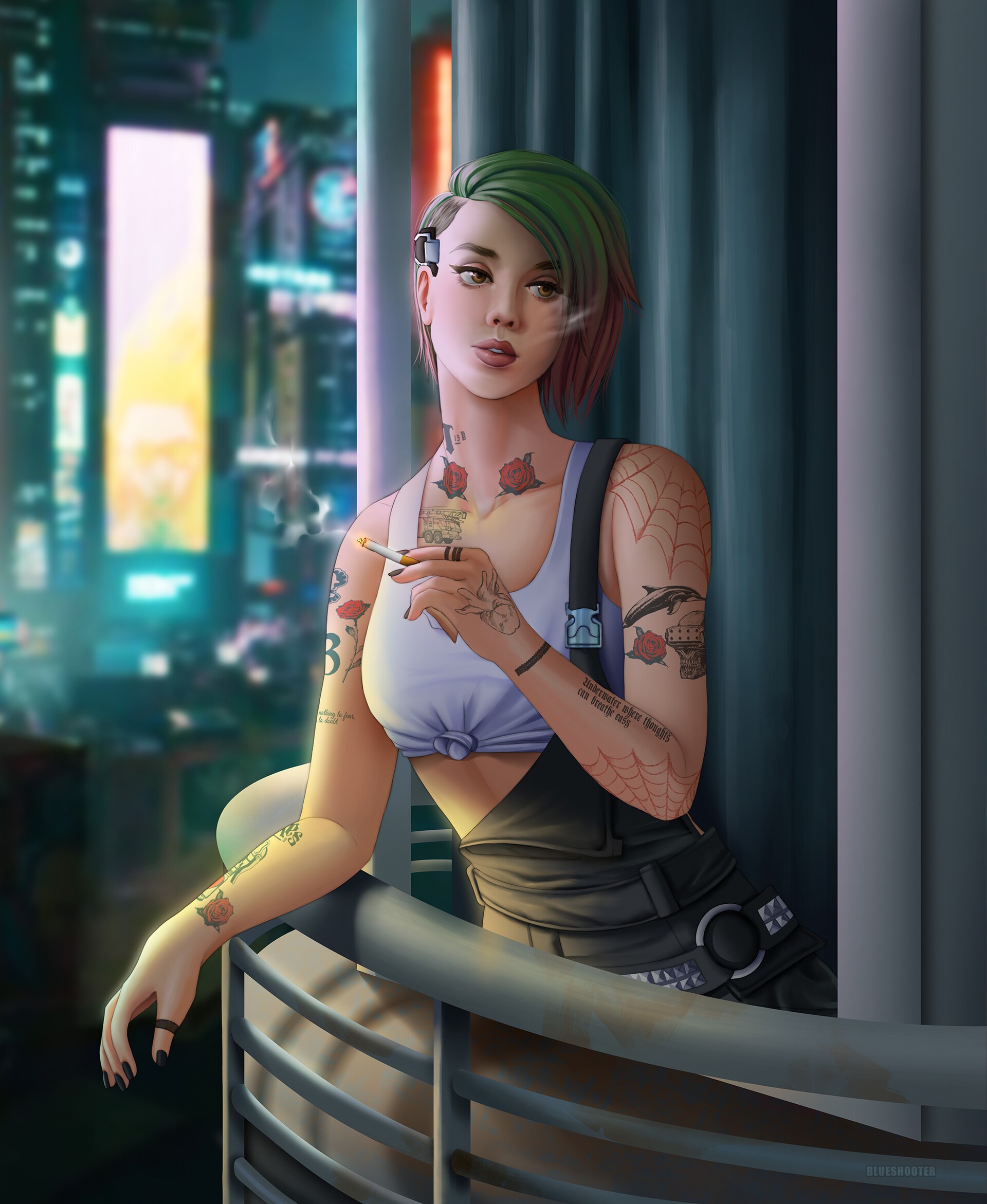 Judy Alvarez from Cyberpunk 2077 smoking on balcony HD Phone Wallpaper