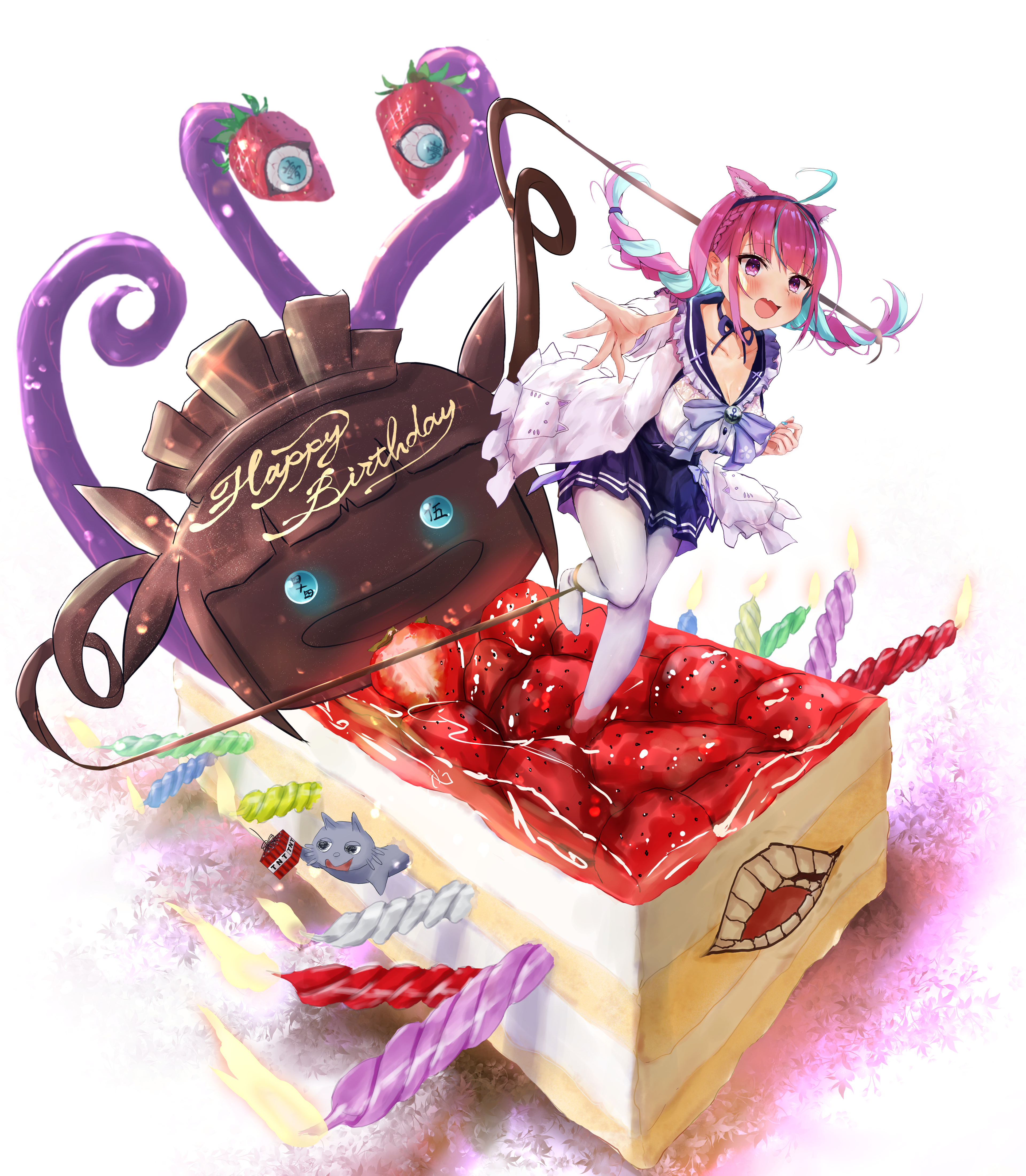 Minato Aqua from Virtual YouTuber on a Strawberry Cake HD Phone Wallpaper