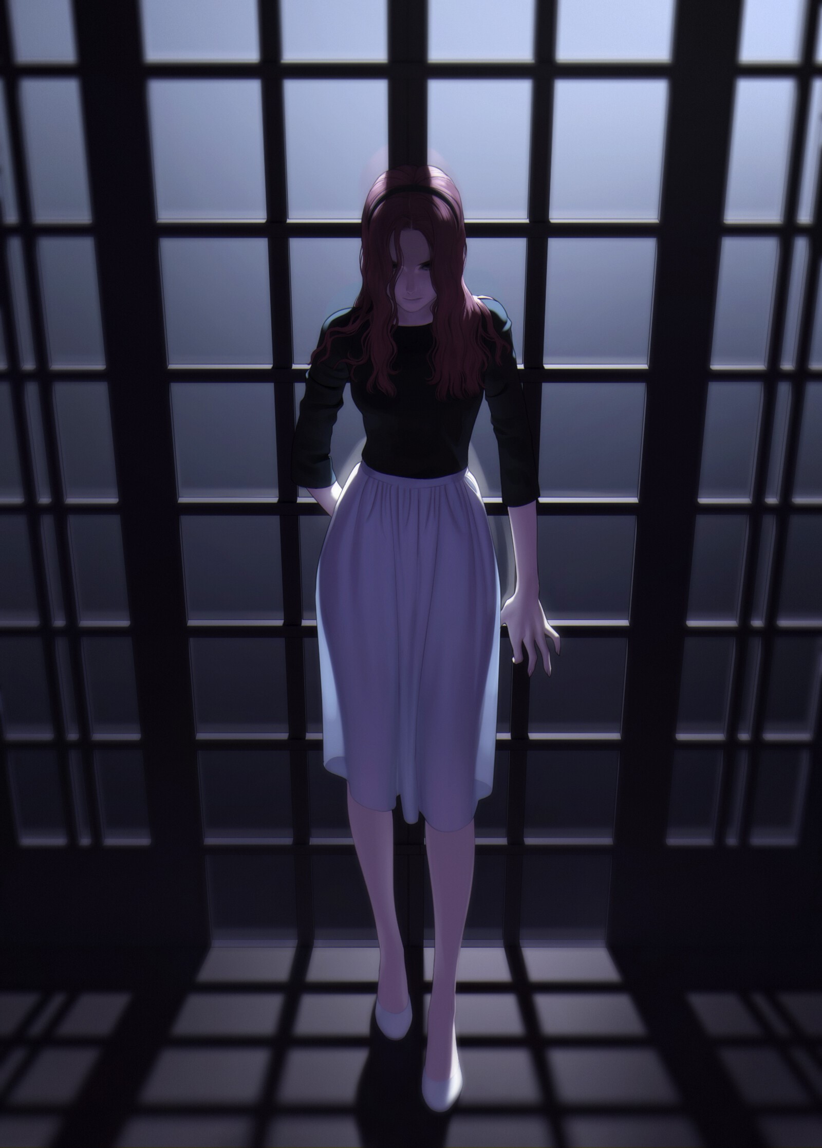 Anime girl with red hair standing in a room HD Phone Wallpaper