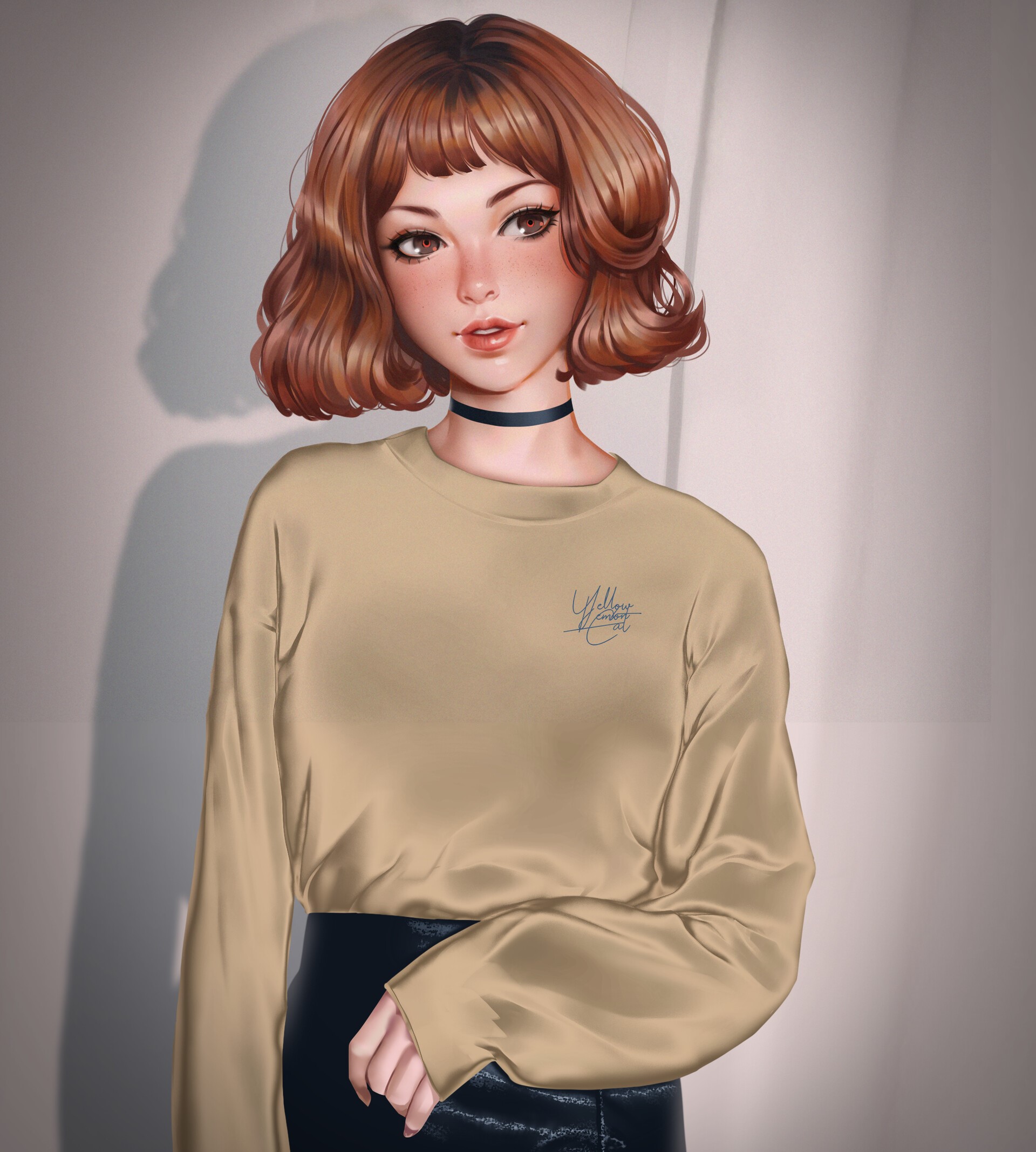 Woman with short auburn hair wearing a choker and long-sleeved shirt HD Phone Wallpaper