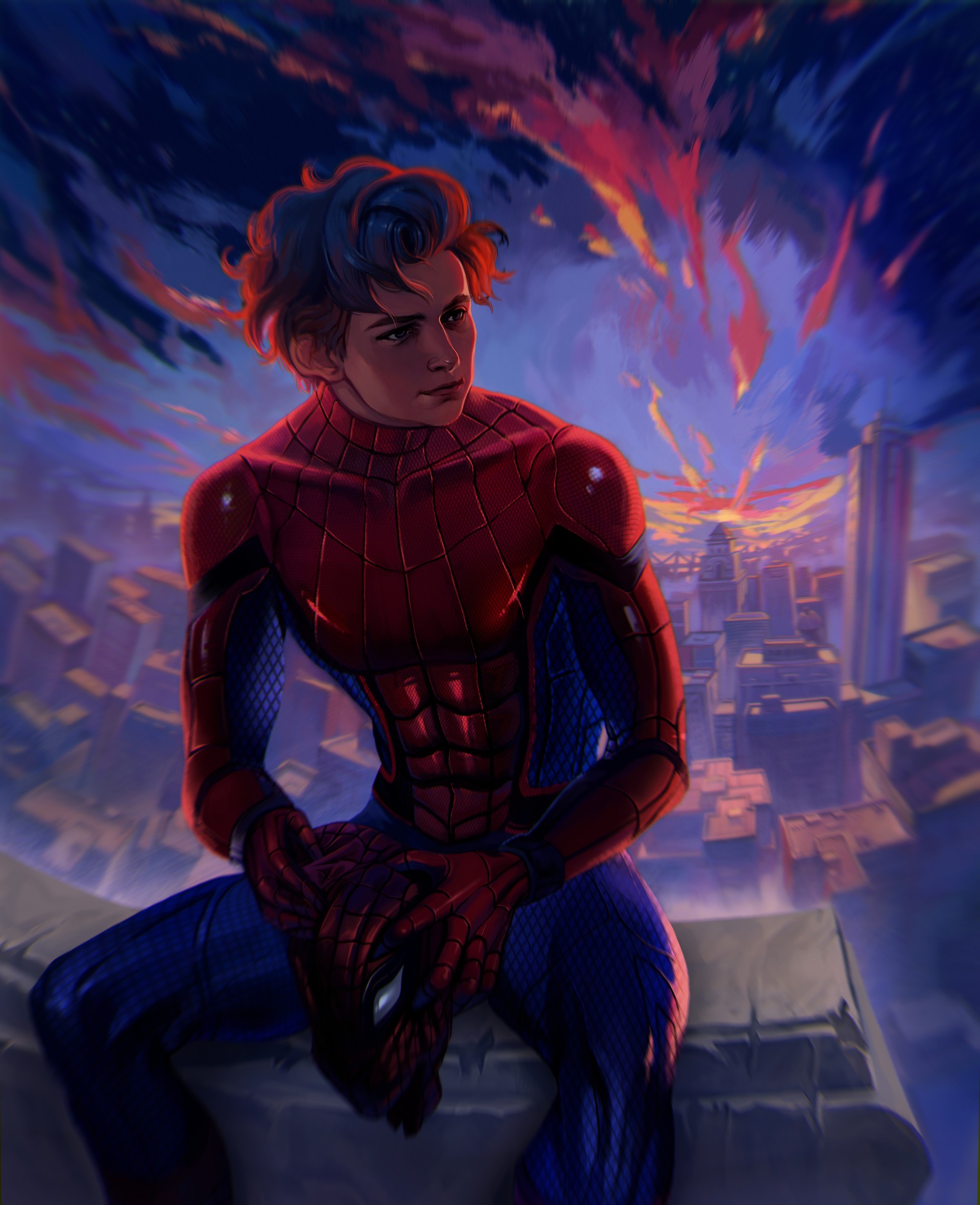 Spider-Man (Peter Parker) sitting on a rooftop at sunset HD Phone Wallpaper
