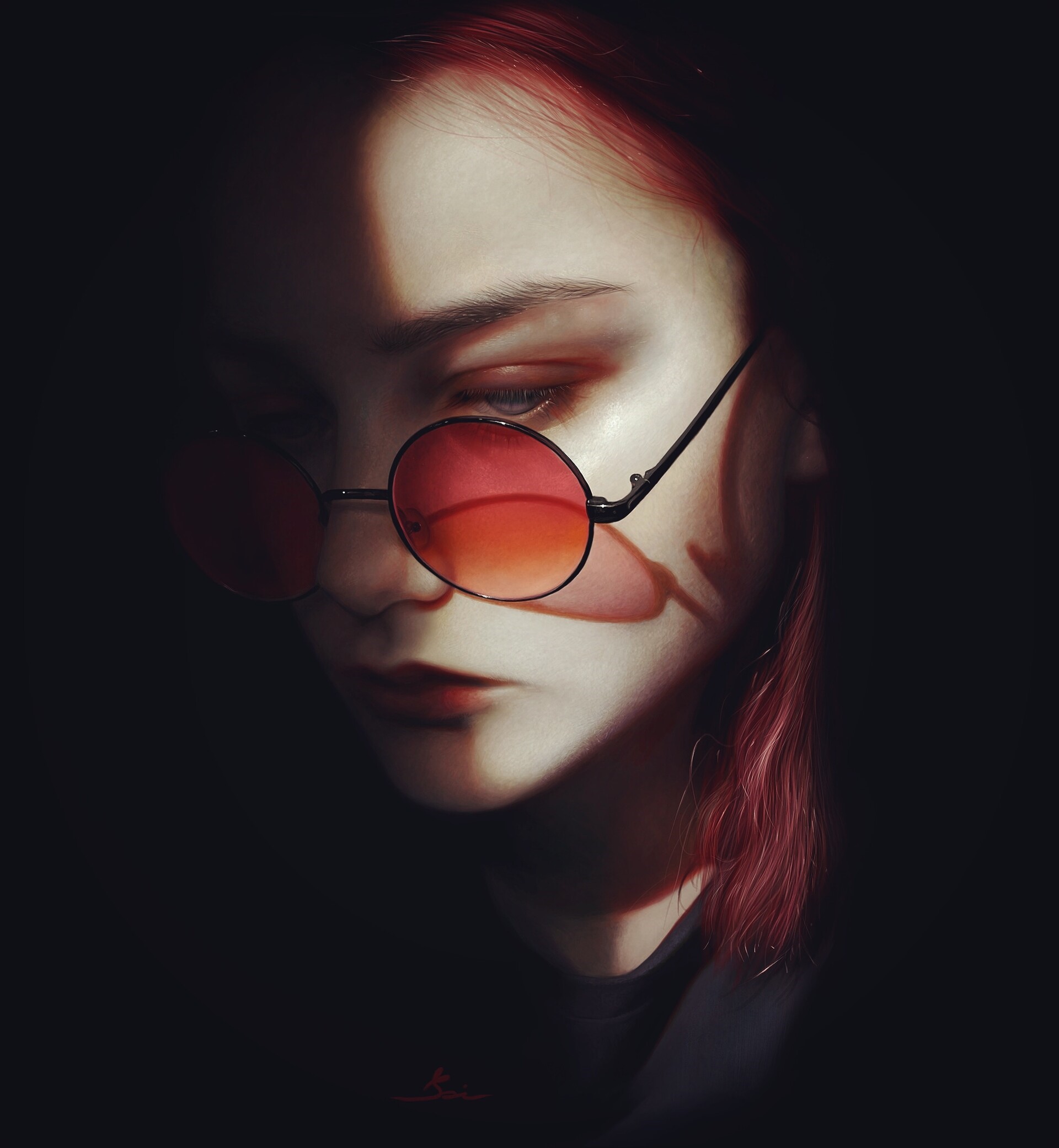 Artwork of a woman with pink hair and red glasses HD Phone Wallpaper