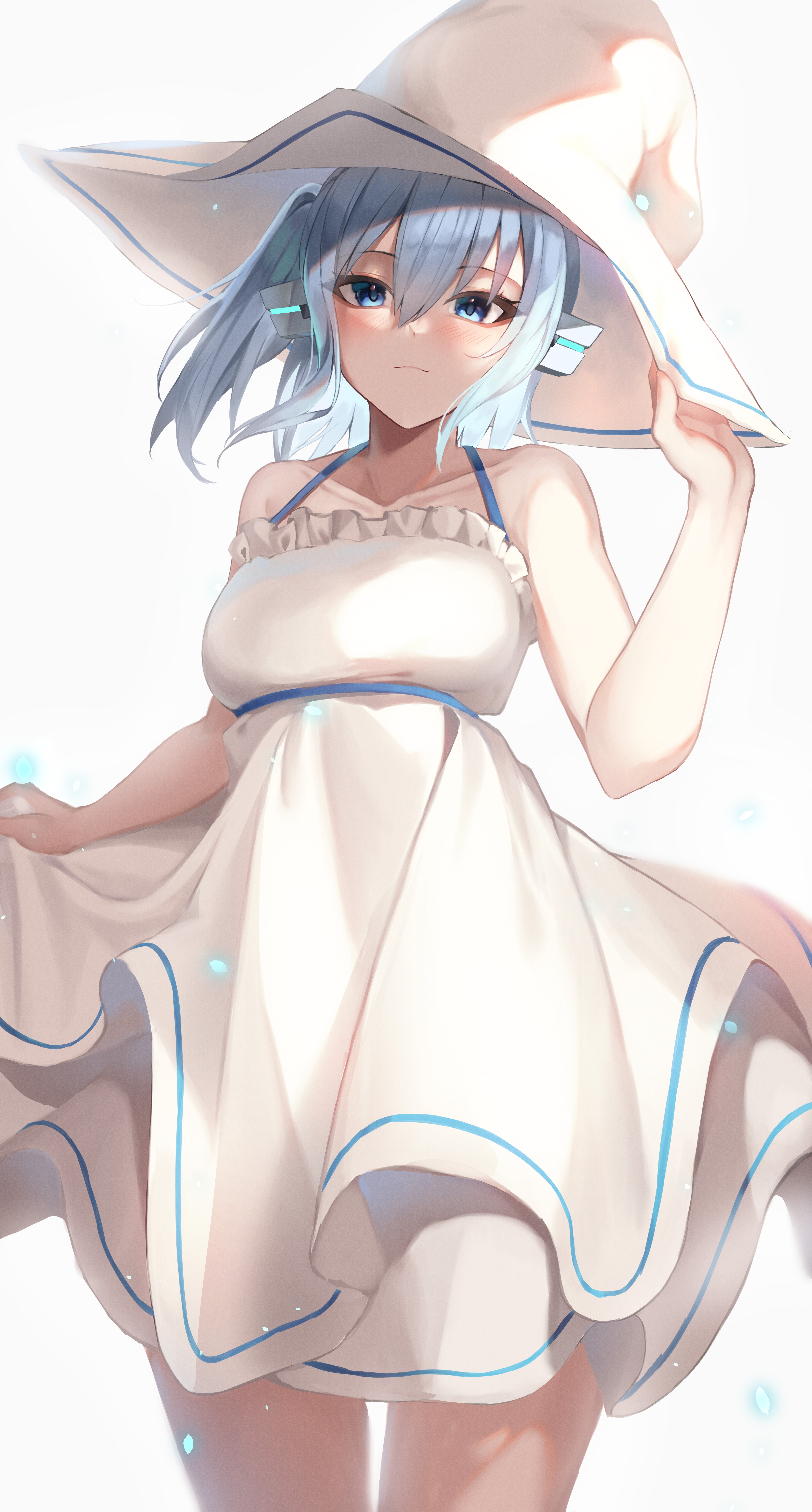 Anime girl with silver hair and blue eyes wearing a sun dress and witch hat HD Phone Wallpaper