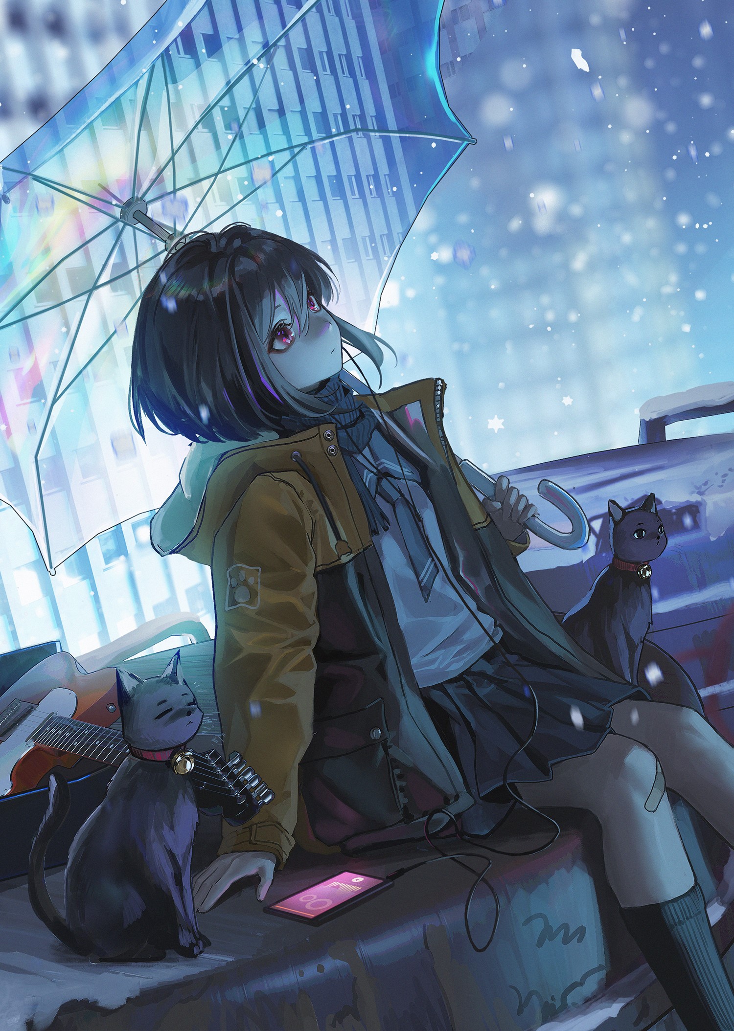 Anime girl with cats under umbrella in snow HD Phone Wallpaper