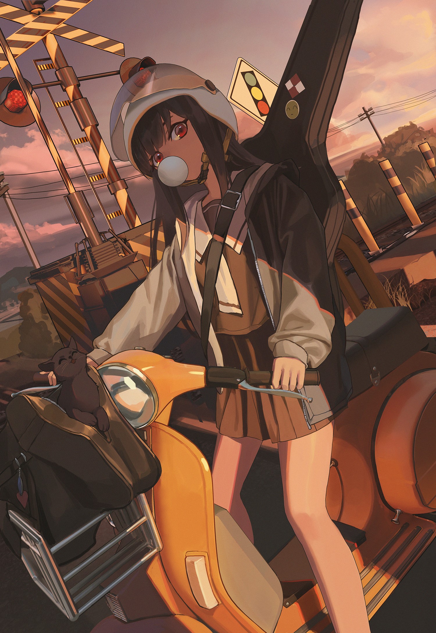 Anime girl on scooter with guitar and cat HD Phone Wallpaper