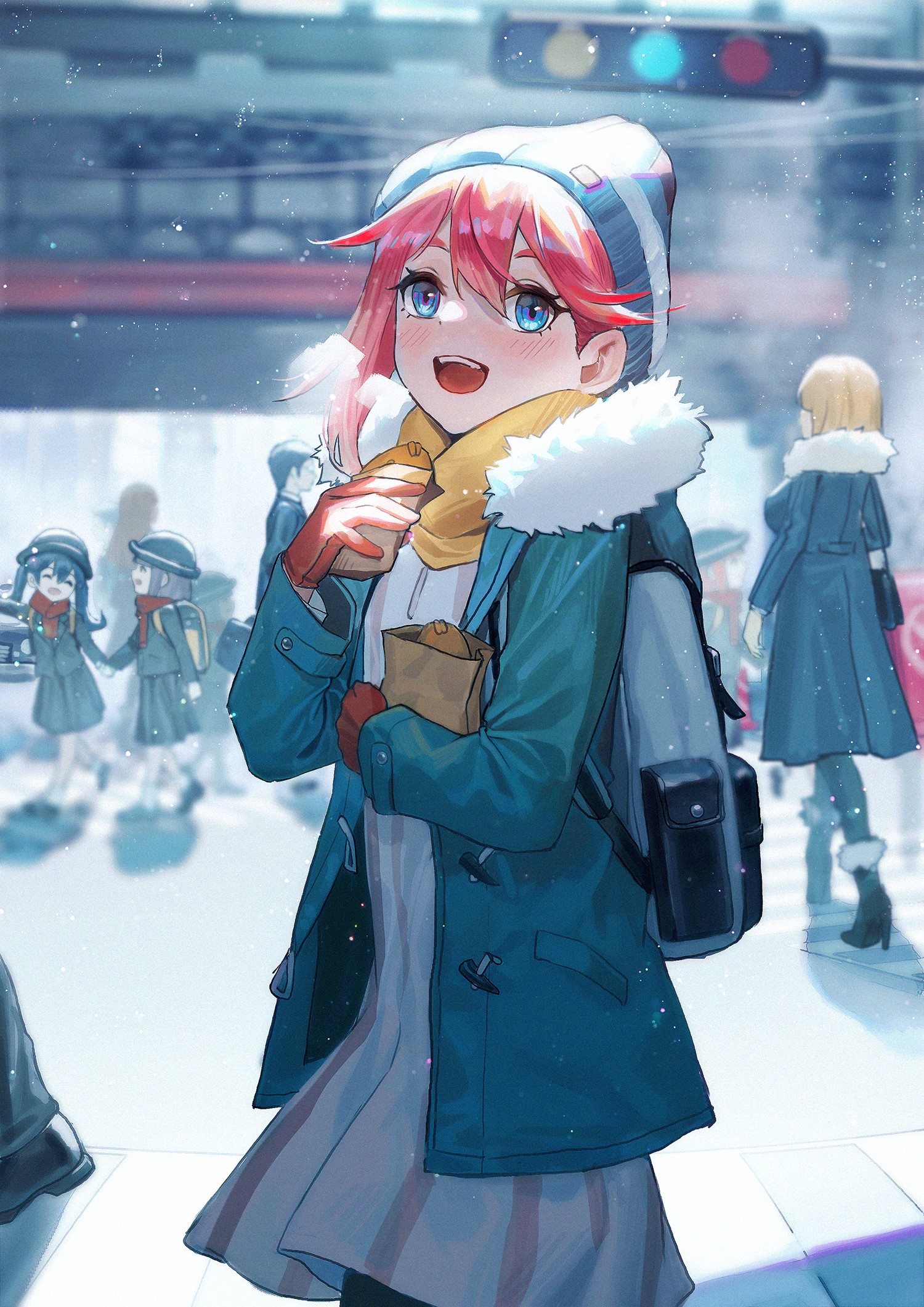 Anime girl with pink hair in winter coat HD Phone Wallpaper