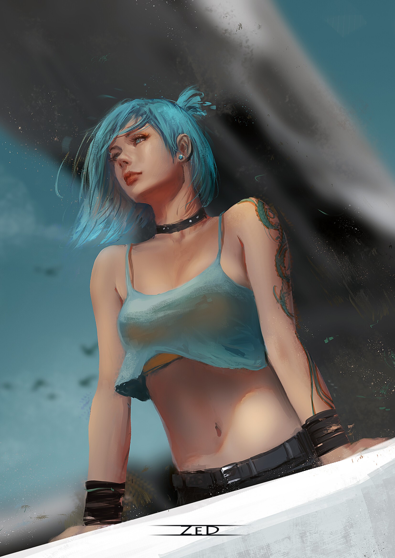 Artwork of a woman with blue hair and a dragon tattoo HD Phone Wallpaper