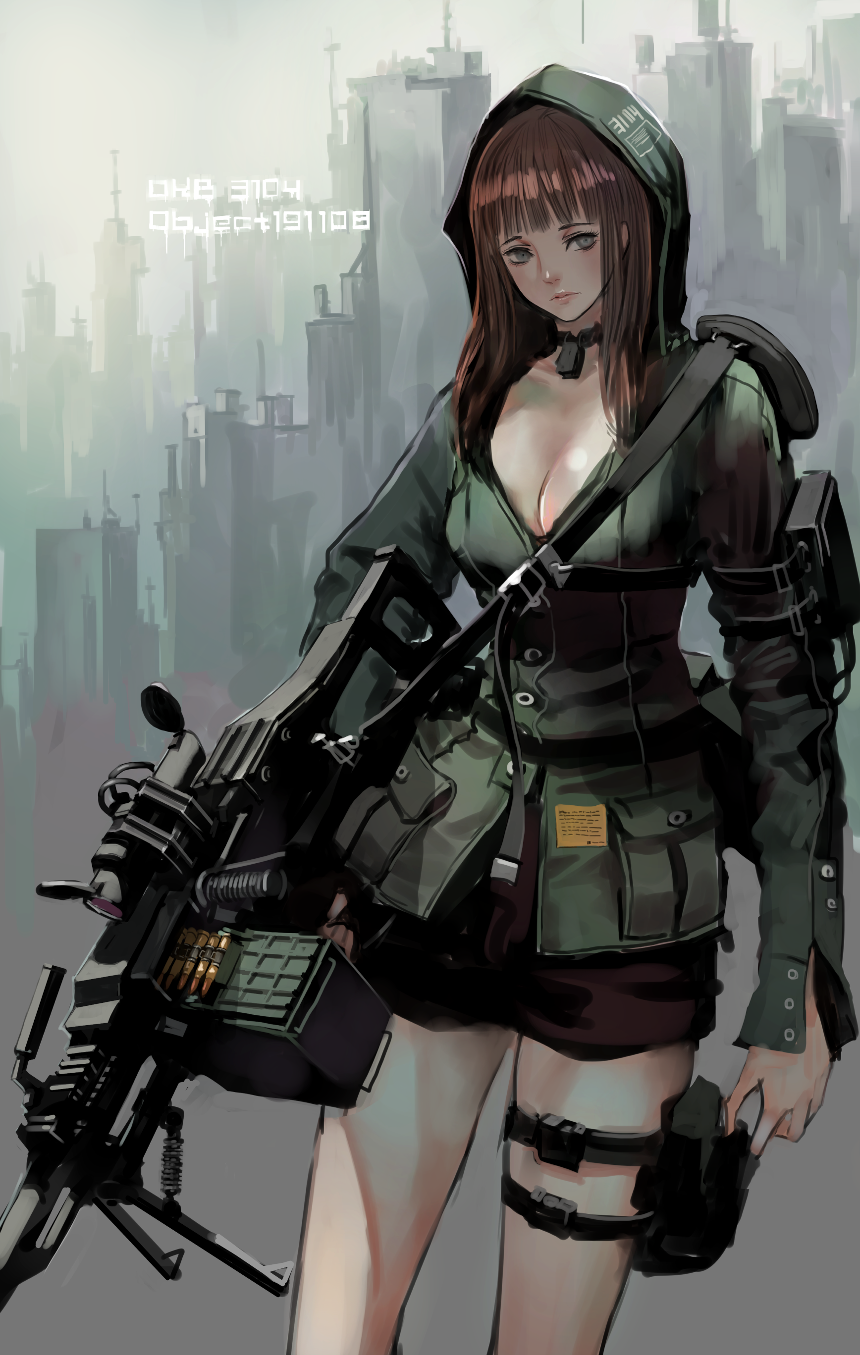 Anime girl with a machine gun in a city HD Phone Wallpaper