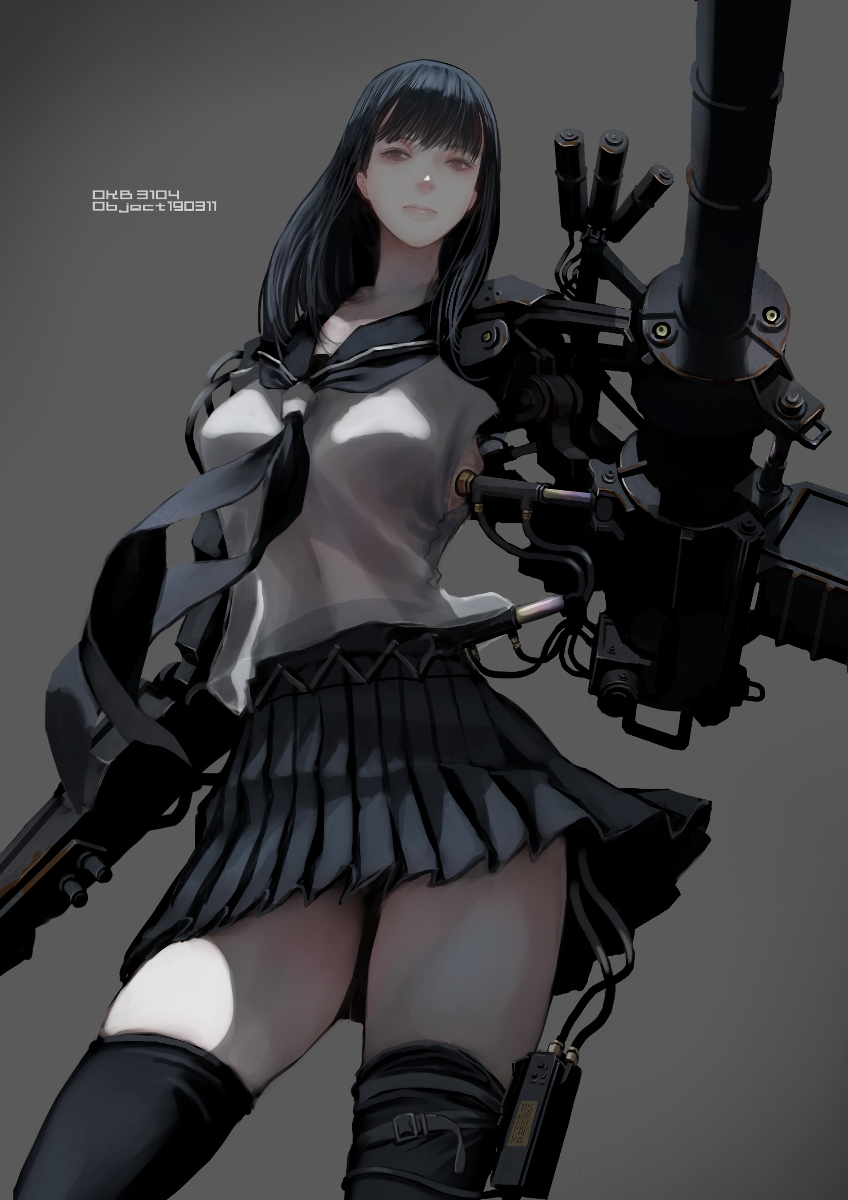 Anime girl with mechanical arm and weapon HD Phone Wallpaper