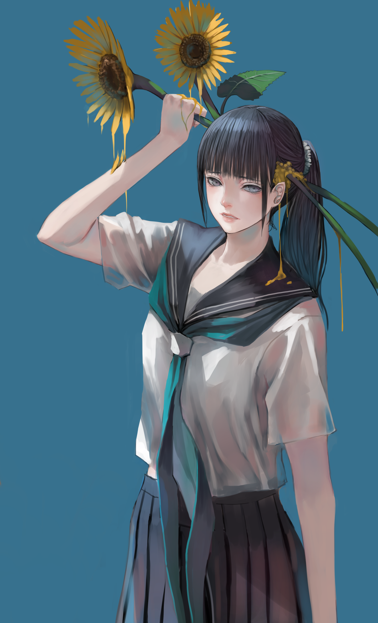 Anime girl in school uniform with sunflowers HD Phone Wallpaper