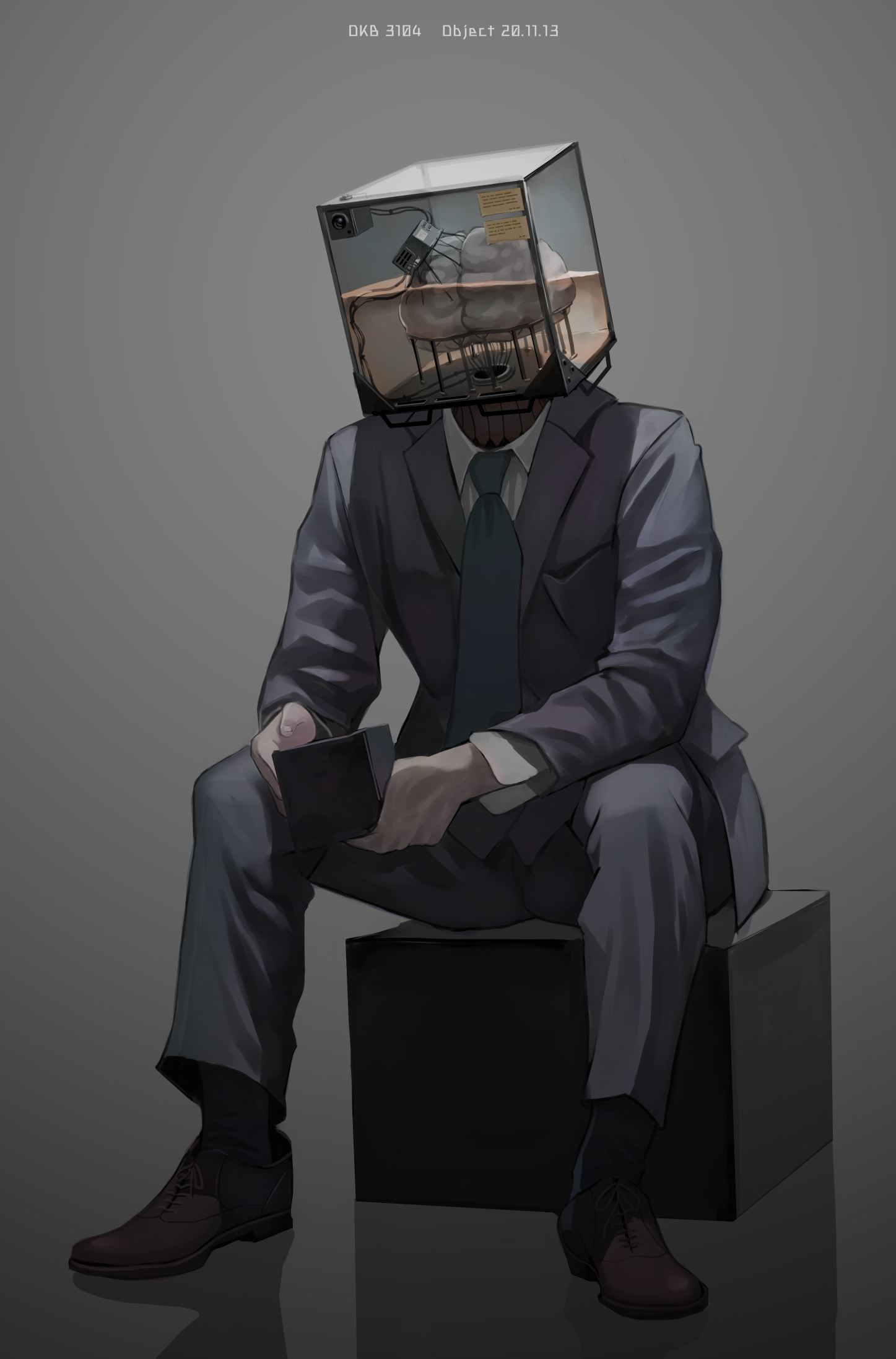 Man with a brain in a glass cube for a head HD Phone Wallpaper