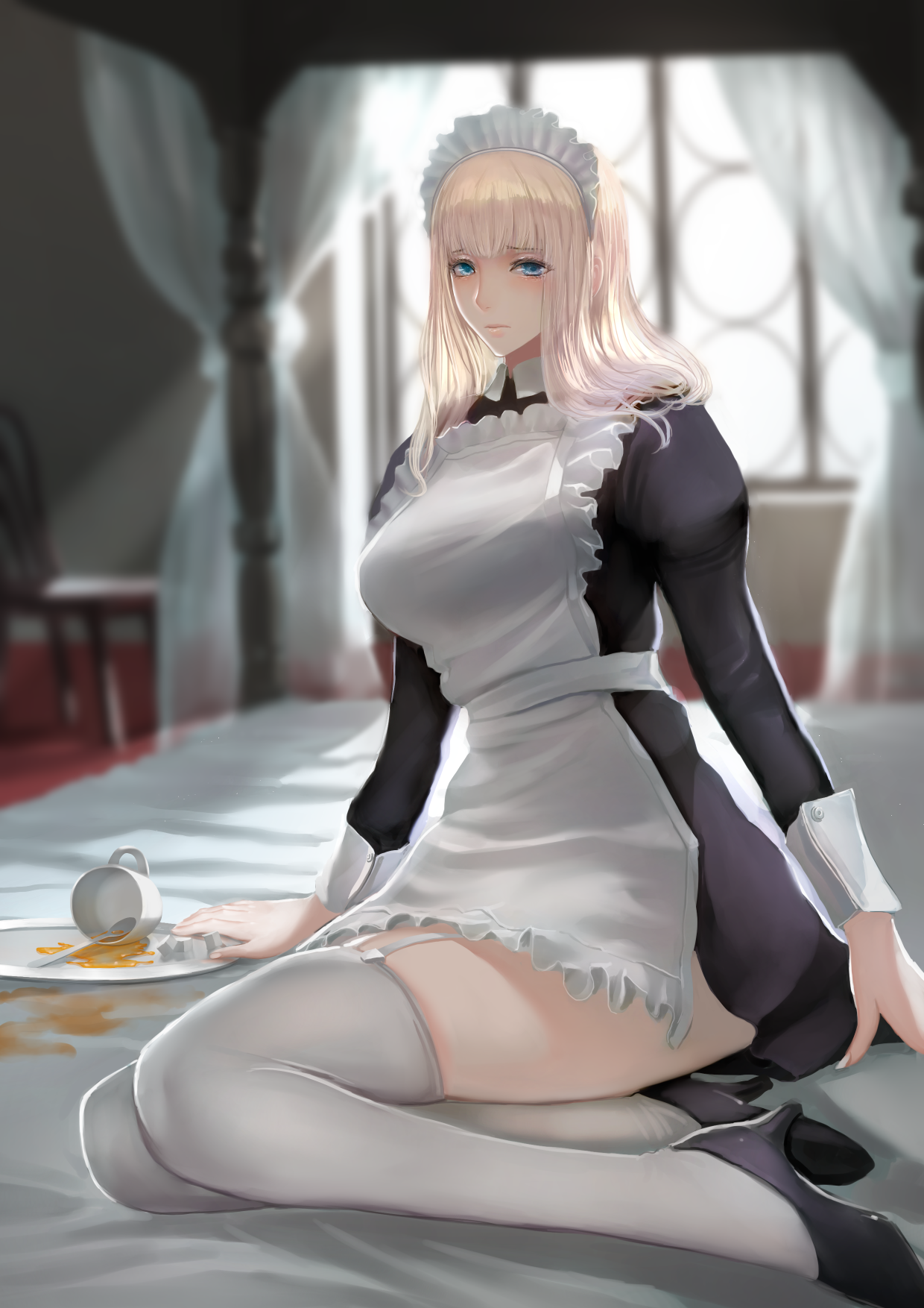 Maid with blonde hair and blue eyes spills coffee HD Phone Wallpaper