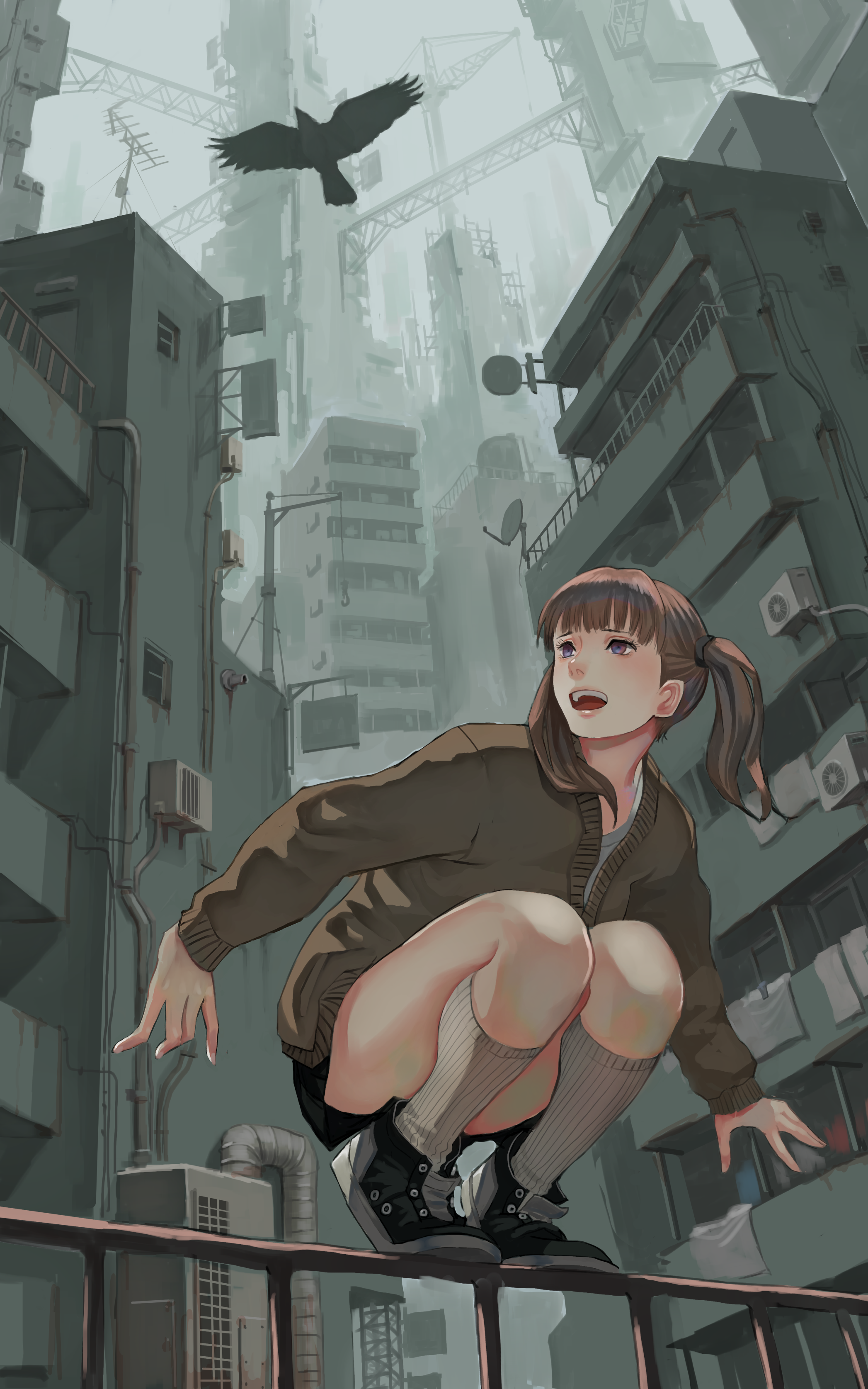 Anime girl crouching on a railing with a bird flying overhead HD Phone Wallpaper