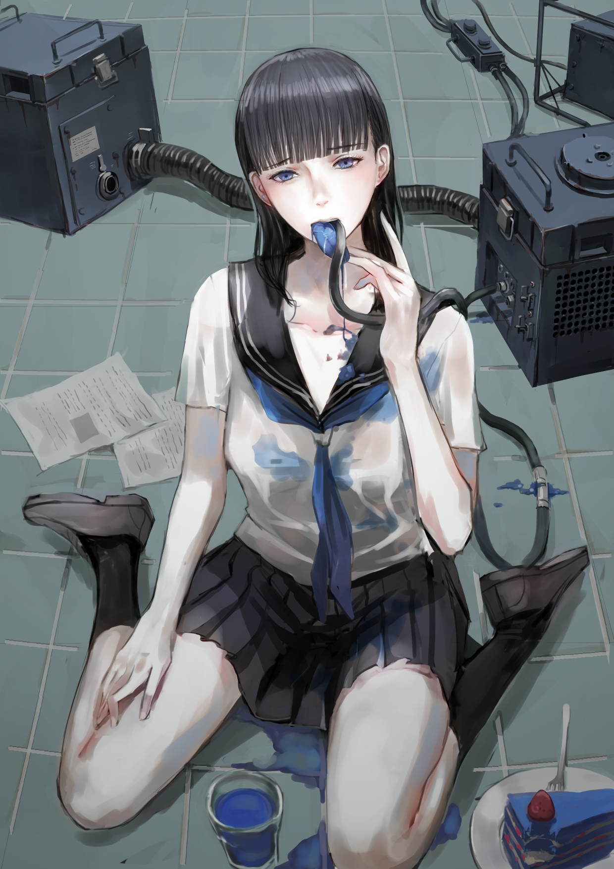Girl in school uniform with blue liquid HD Phone Wallpaper