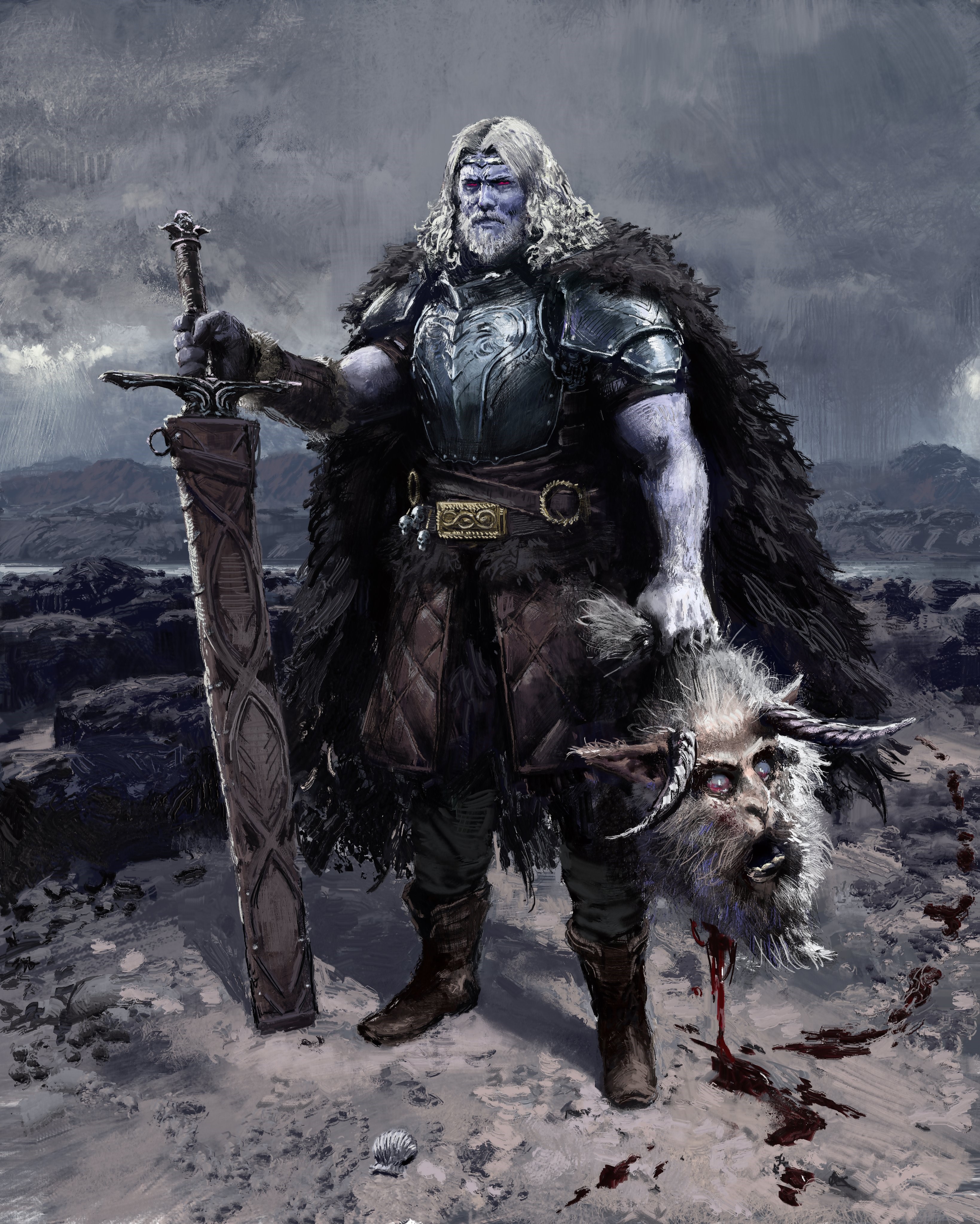 Viking warrior holding a goat head and sword HD Phone Wallpaper