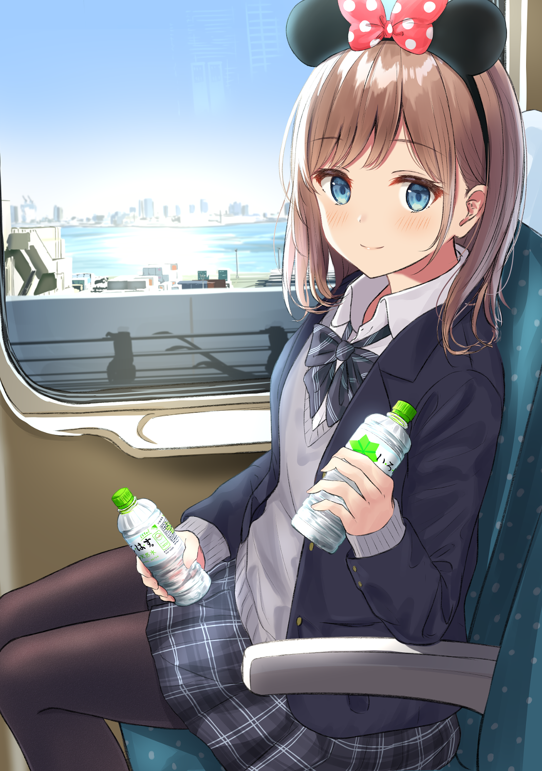 Anime girl with mouse ears holding water bottles on a train HD Phone Wallpaper