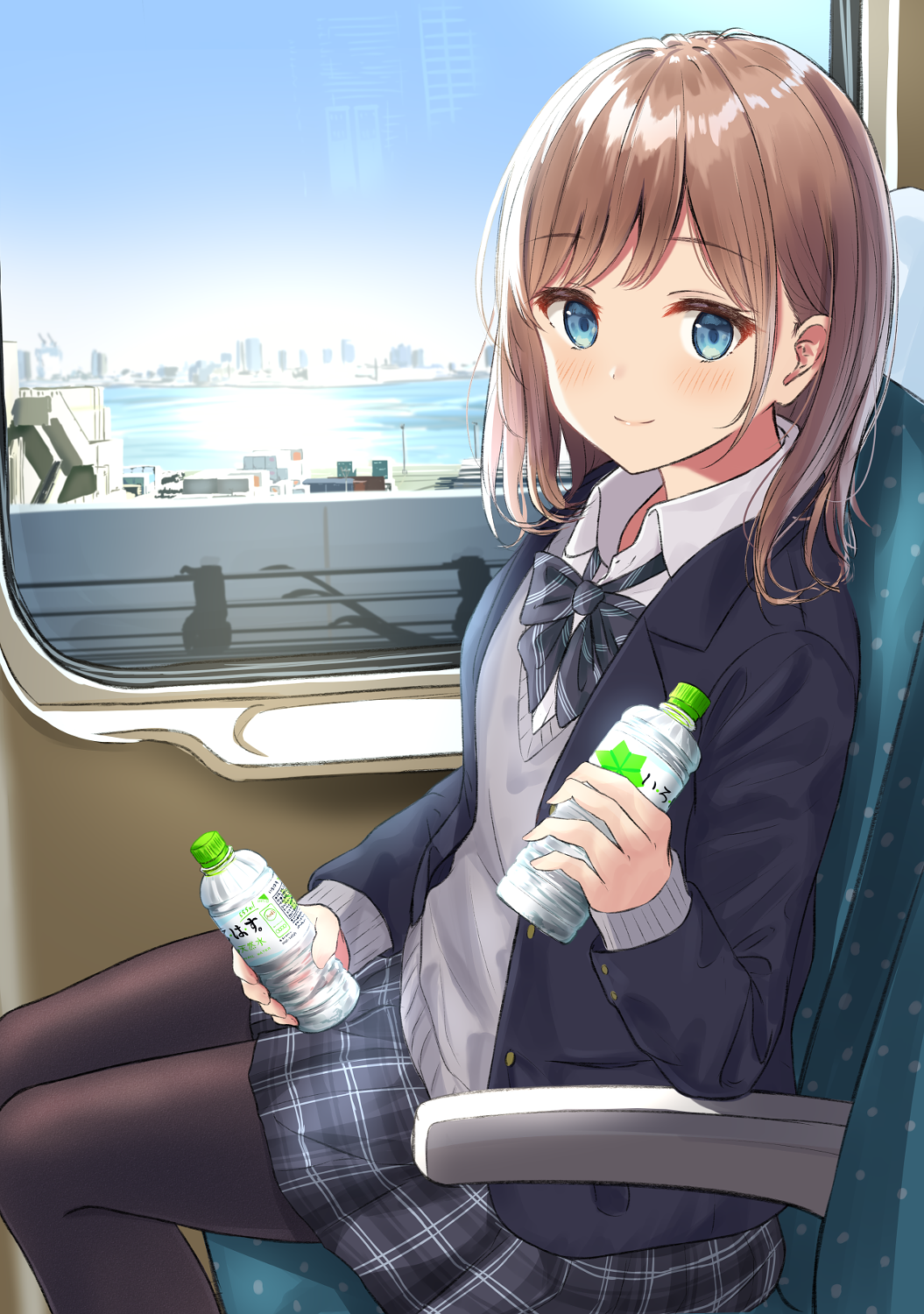 Anime girl with shoulder-length hair holding water bottles on a train HD Phone Wallpaper