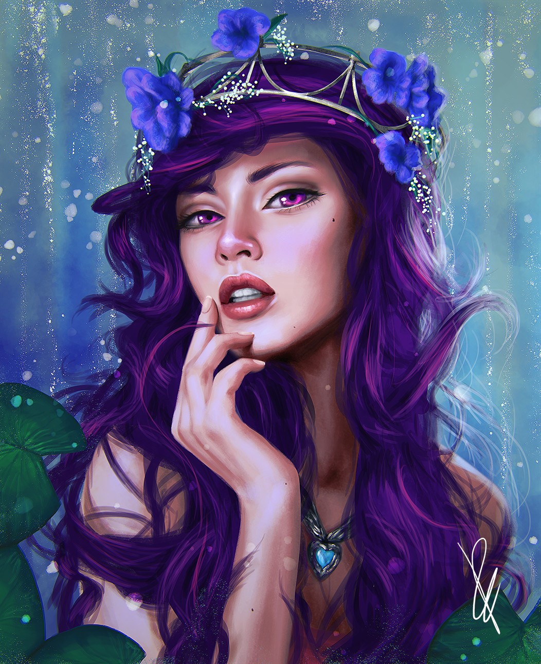 Purple-Haired Woman with Flower Crown by Paulina Bochniak HD Phone Wallpaper