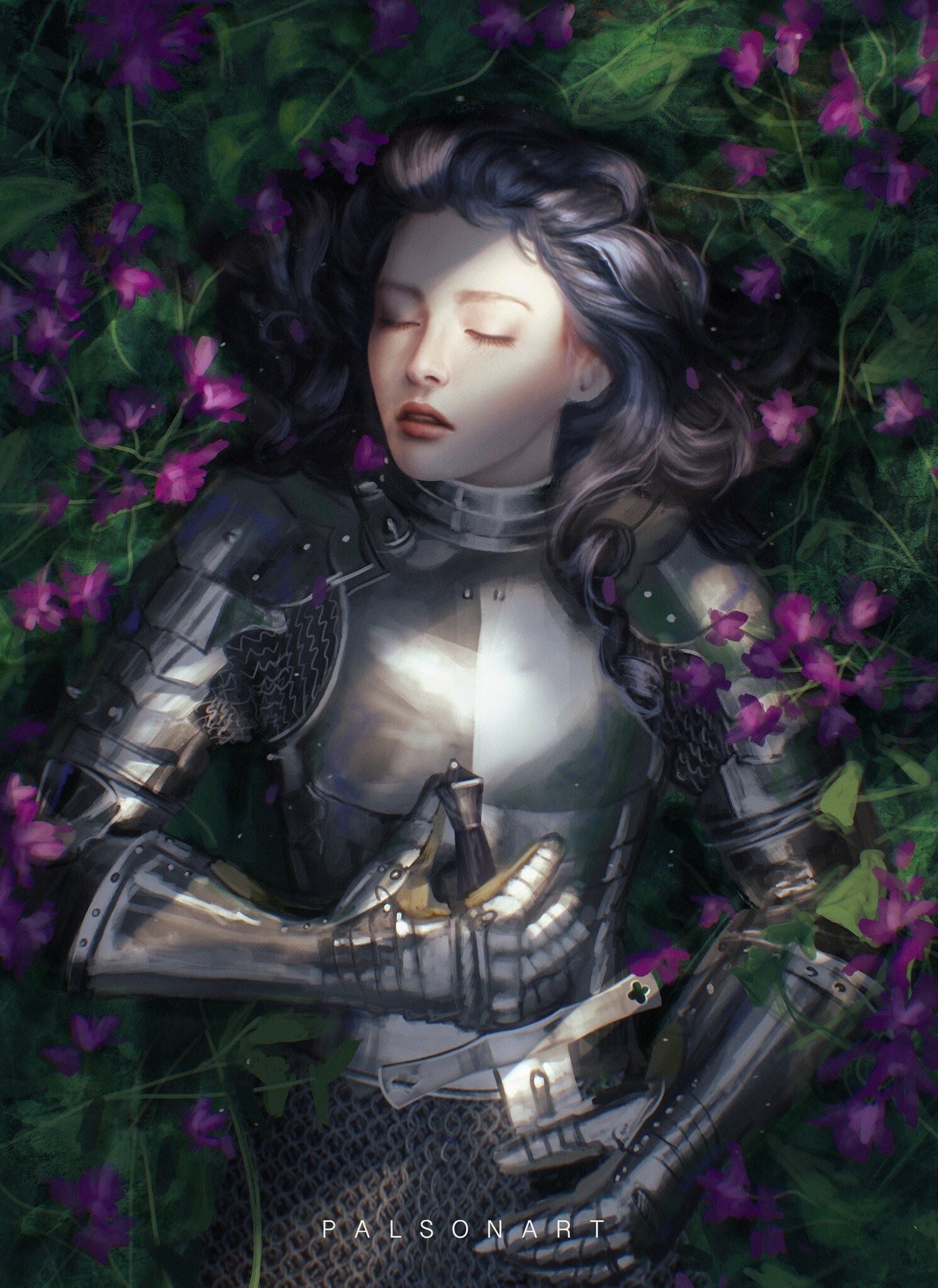 Knight in armor lying among flowers HD Phone Wallpaper