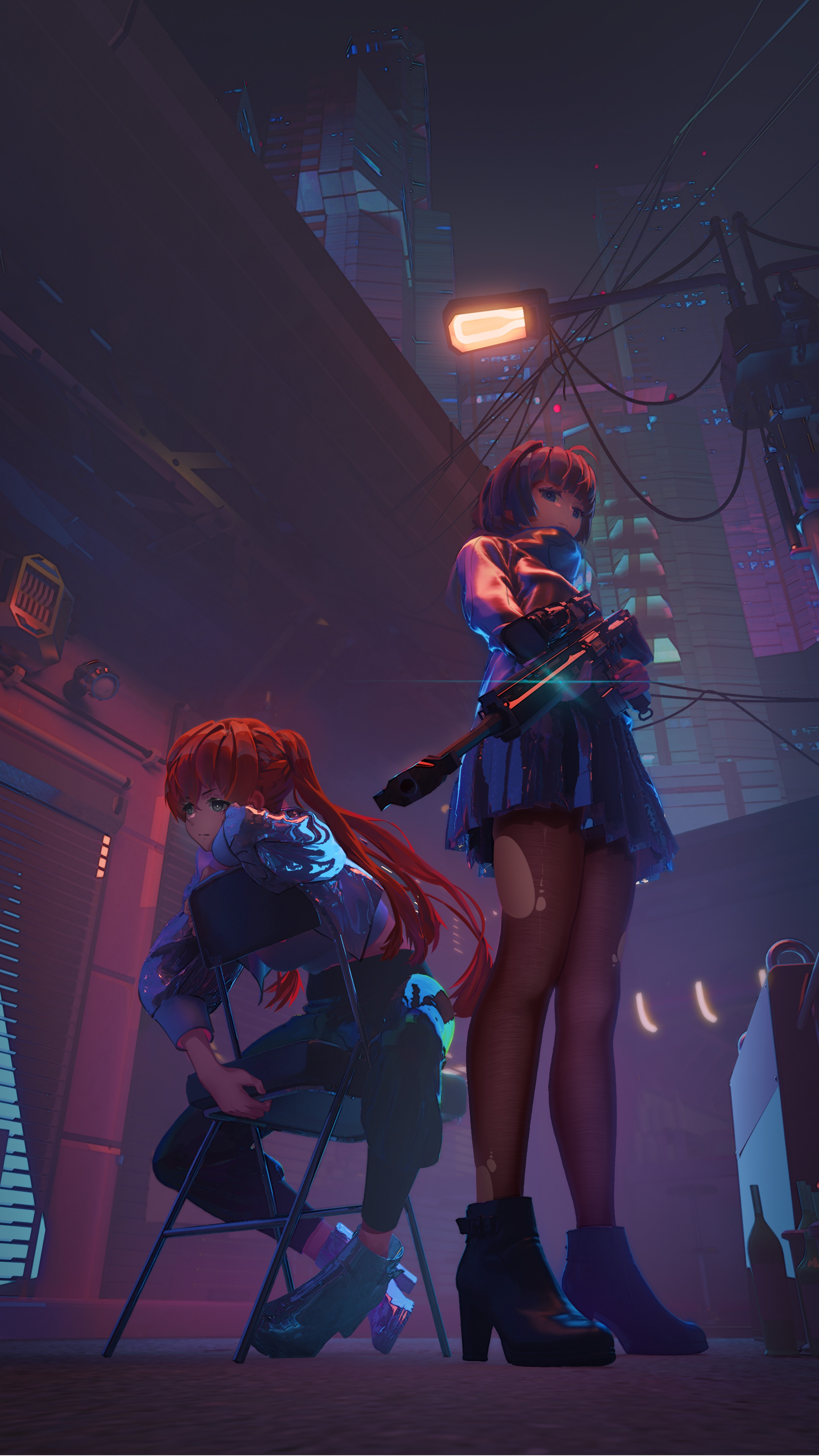 Anime girls in a neon-lit city HD Phone Wallpaper