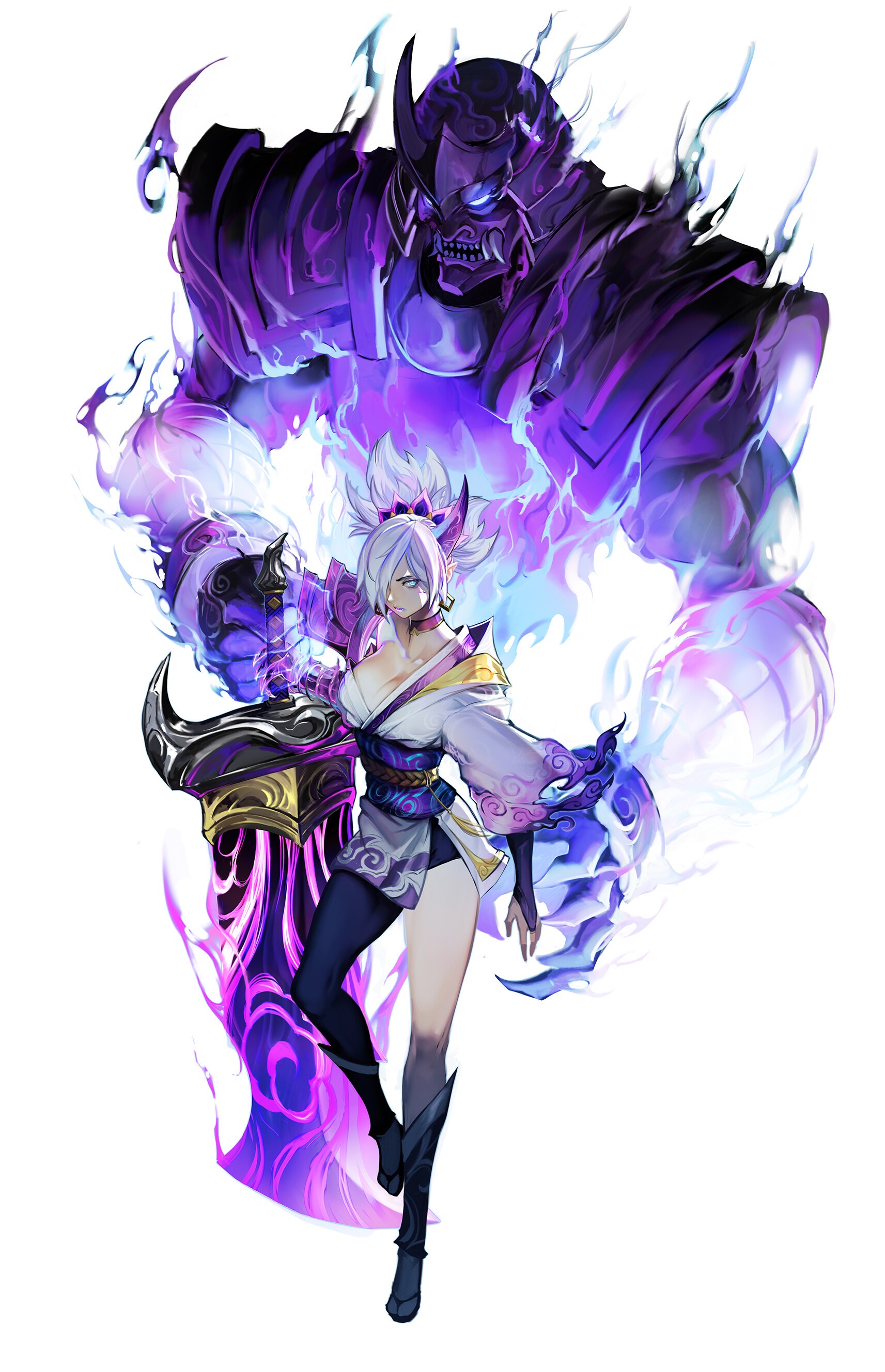 Riven from League of Legends with a spectral entity HD Phone Wallpaper