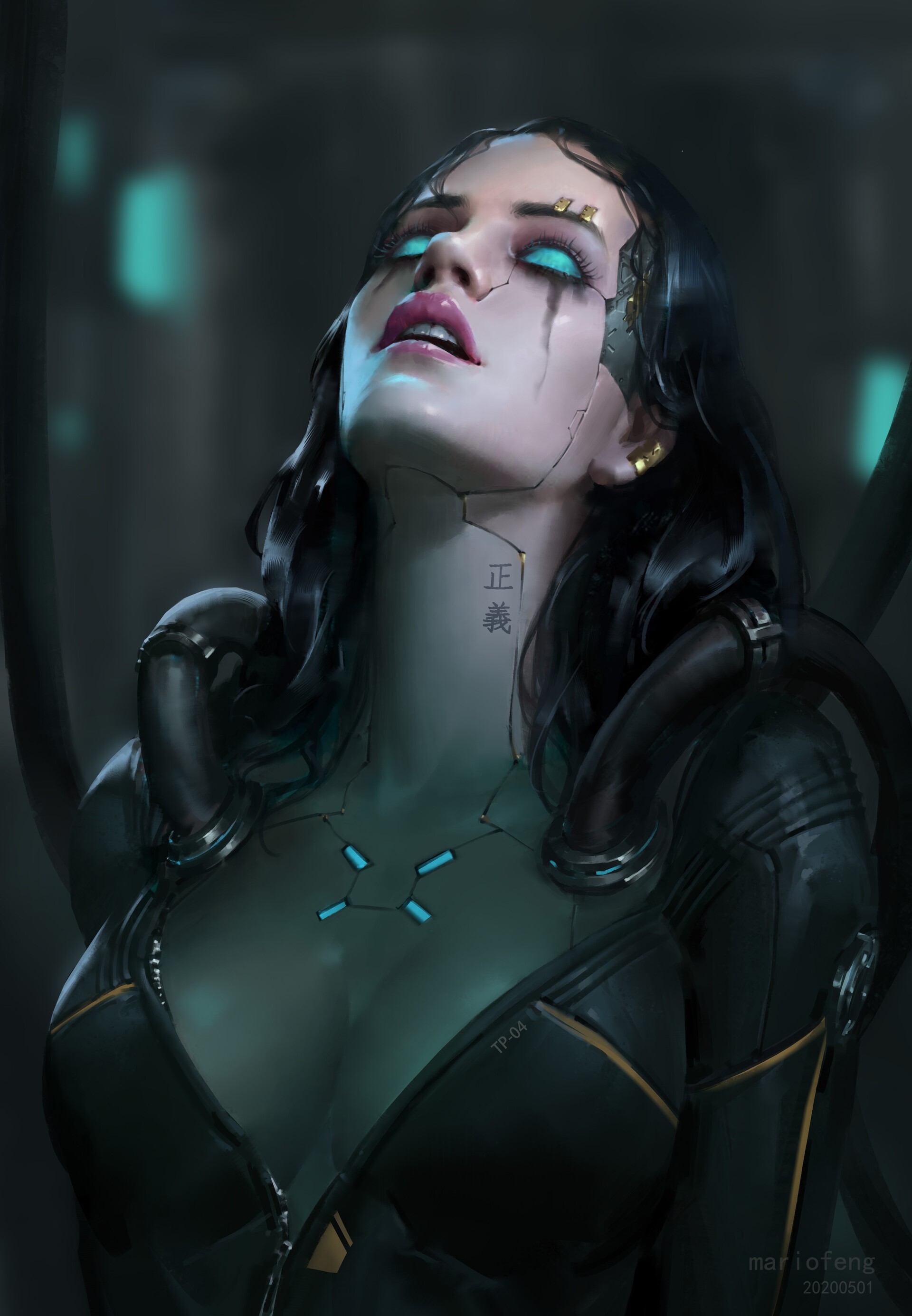 Cyborg woman with blue eyes and dark hair HD Phone Wallpaper